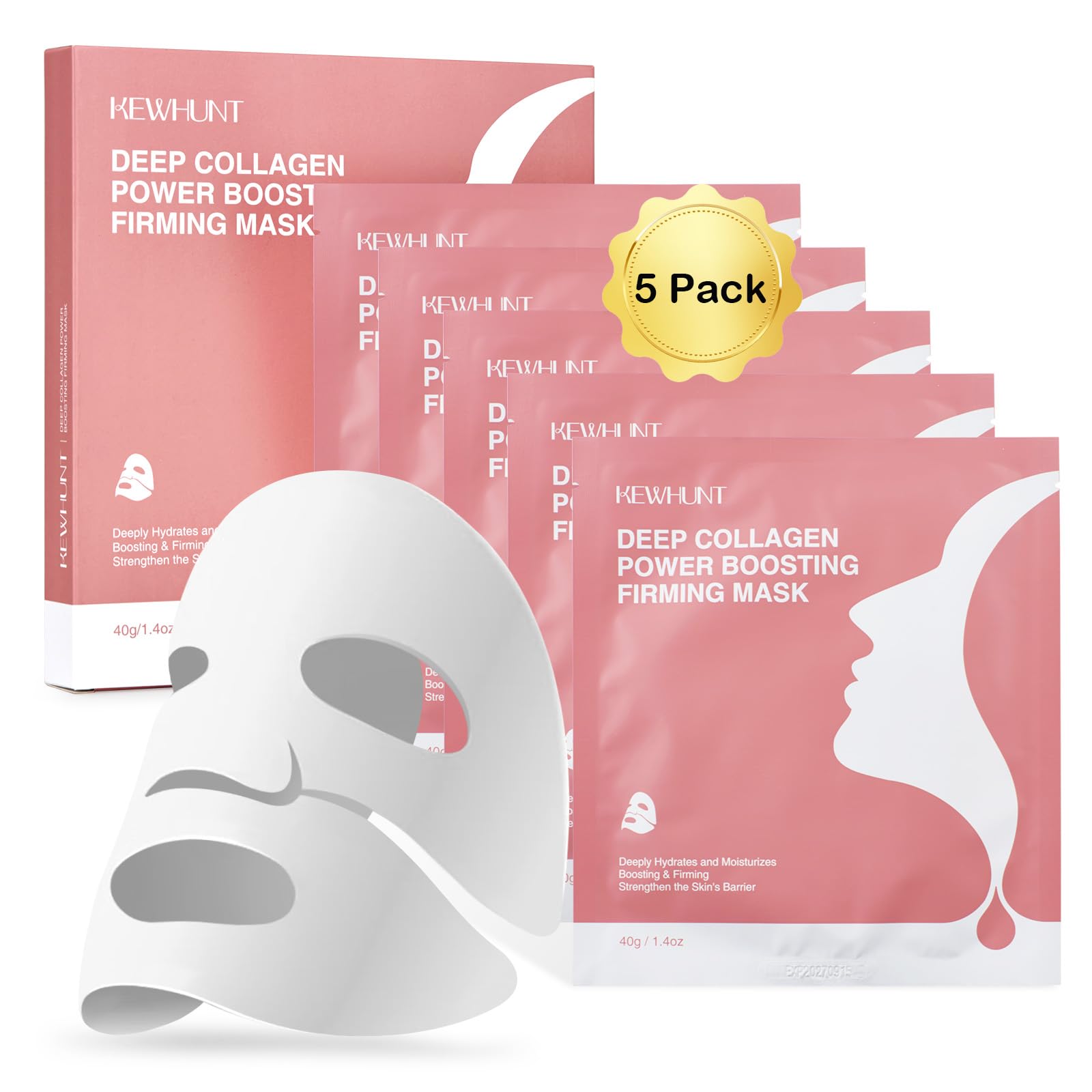 Deep Collagen Face Mask Overnight, Bio- Collagen Mask Real Deep Mask, Hydrating Hydrogel Masks with Low Molecular Collagen for Firming, Elasticity, Pore Minimizing 40g x 5ea