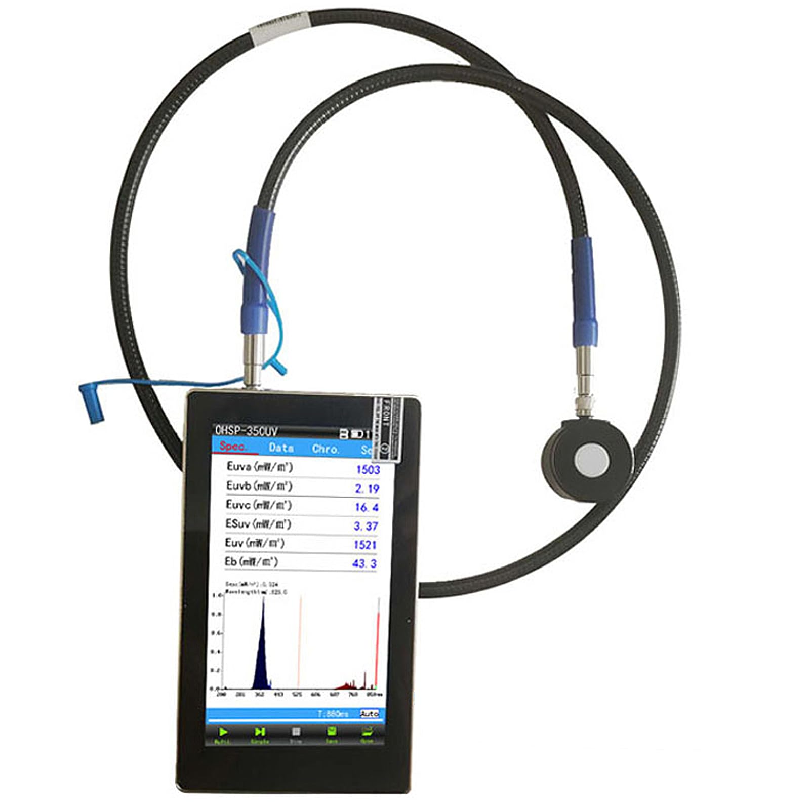 OHSP-350UV UV Spektrometer, 230-850nm UVA UVB UVC Radiometer mit Extend Fiber – HOPOOCOLOR tragbares Lichtspektrummessgerät für UV-LED, Bestrahlung (mW/cm²) & CCT