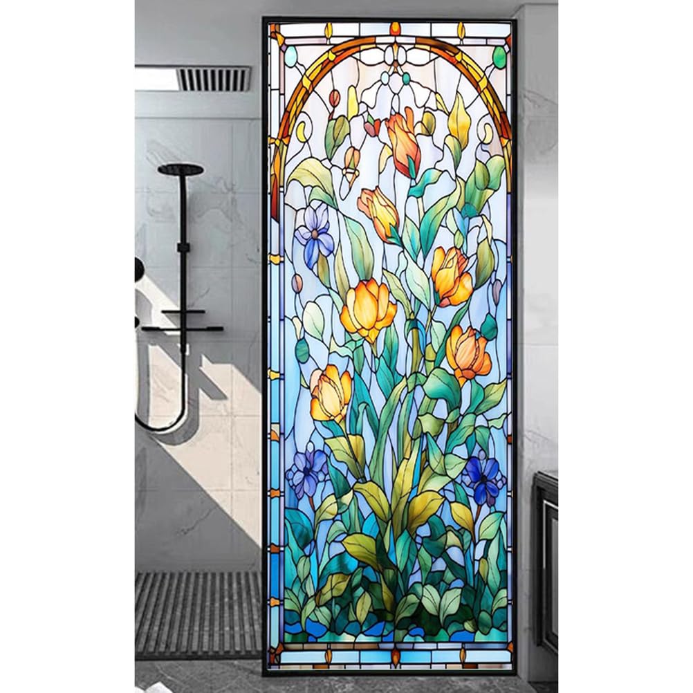 Buntglas Fensterfolie mit Blumenmuster, Statische Sichtschutzfolie ohne Kleber – Dekorative Farbige Glasfolie für Privatsphäre, (Blumendruck, Wiederverwendbar, Einfache Montage),A,60x100cm