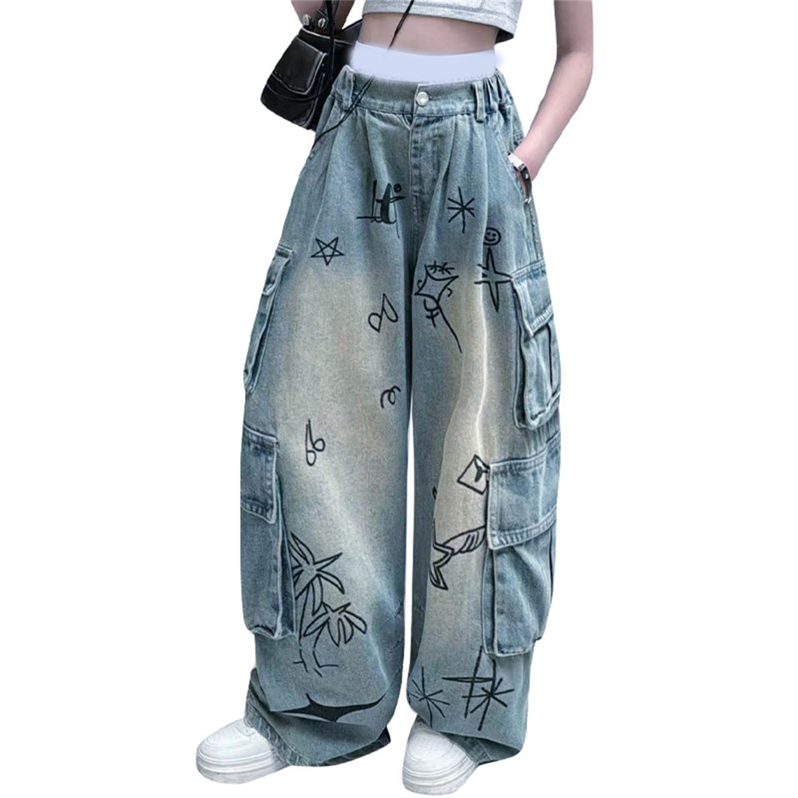 Generisch Jeans per ragazze con motivo a cuore, vita alta, elastico, gamba larga, pantaloni in denim, look usato, carino casual