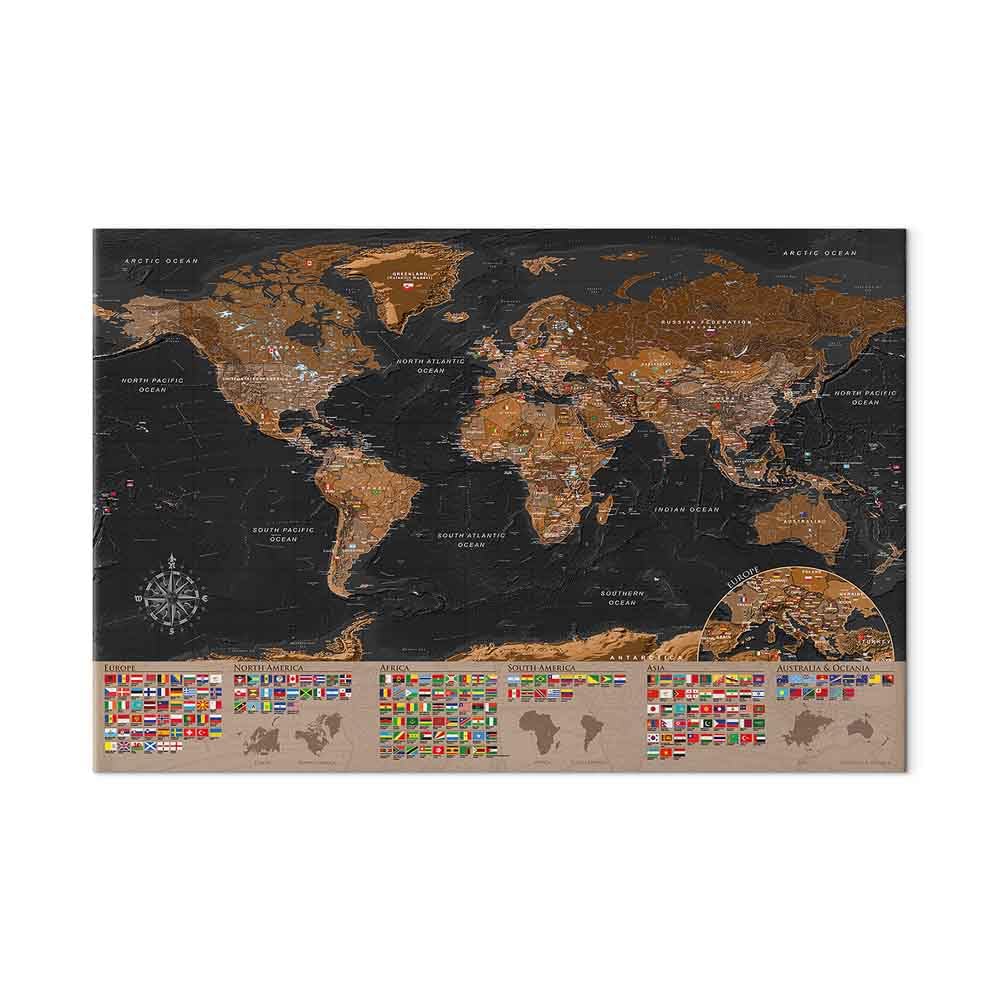 murando - Mapamundi con tablero para clavar chinchetas 120x80 cm - Cuadro | Lienzo estructurado - 1 parte - Panel de Fibra - Mapa del Mundo Continente