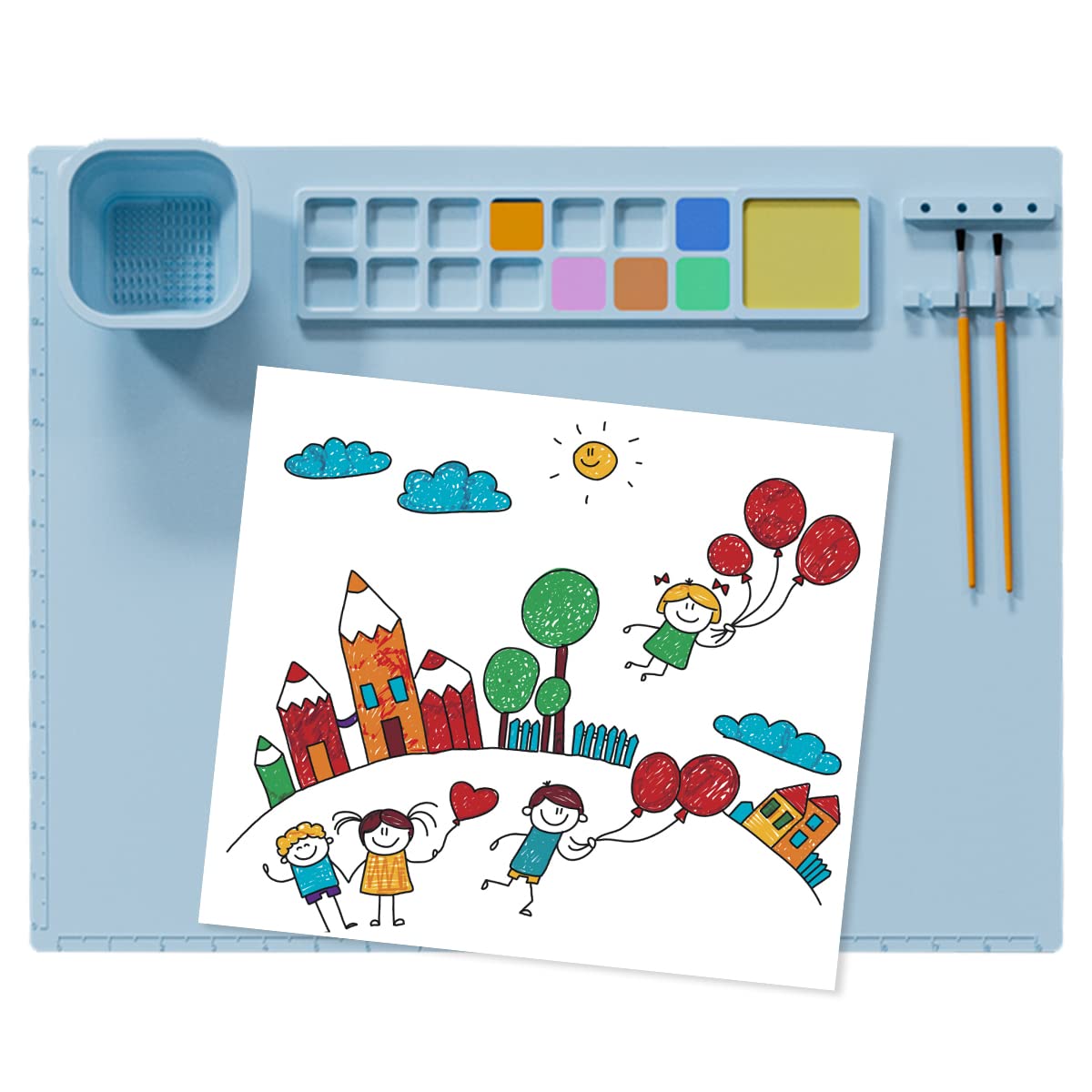 TENQUAN Siliconen schildermat, 51 x 41 cm, siliconen knutselmat met afneembare beker, verfbak, borstelhouder, inklapbare kunstmat voor knutselen