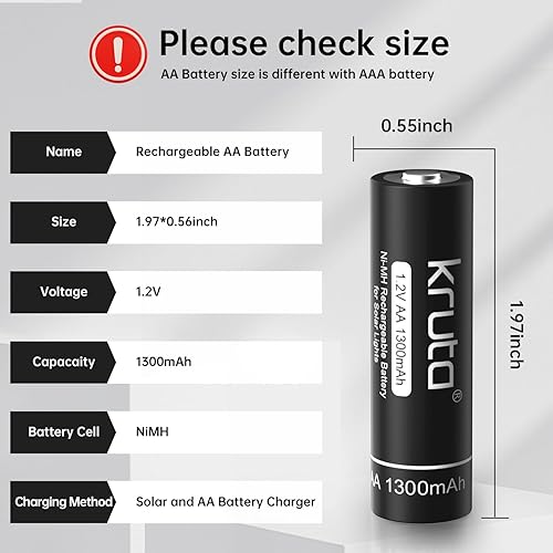 Miniatura 6 de Kruta Ni-MH - Baterías recargables AA, paquete de 12 baterías solares AA recargables de 1.2 V 1300 mAh de alta capacidad precargadas doble A para