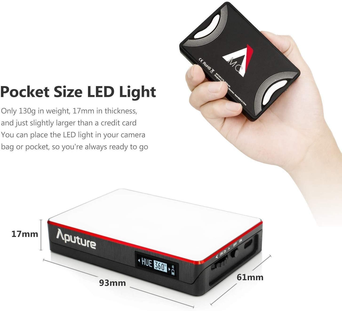 Aputure Amaran MC RGBWW Mini On Camera Video Light,3200K-6500K,CRI/TLCI 96+,HSI Mode,Support Magnetic Attraction and App with USB-C PD and Wireless Charging