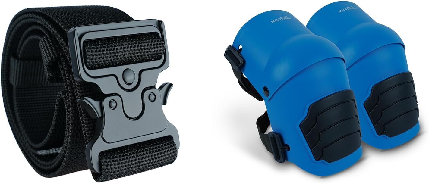 MELOTOUGH 2" Nylon Web Work Tool Belt for Men with Heavy Duty Quick Release Rugged Metal Buckle,Knee Pads for Work,Construction,Flooring,Gardening-Comfortable and Flexible(Black and Blue)