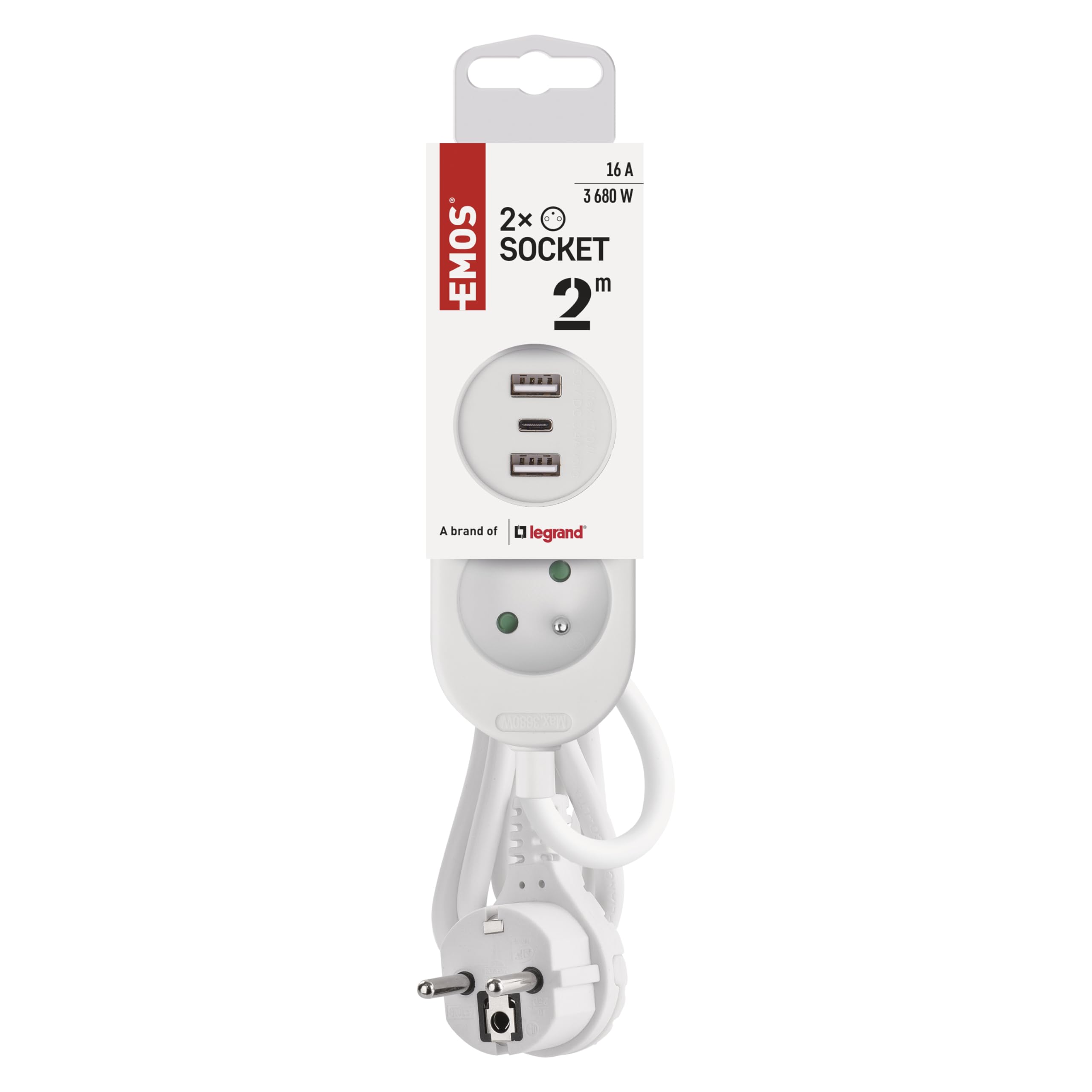 EMOS Steckdosenleiste mit USB, 2-Fach Mehrfachsteckdose und 3X USB-Port, 2 Meter Verlängerungskabel, 2X USB-A + 1x USB-C Anschluss, max. 3,4A Ladestrom, erhöhter Berührungsschutz, IP20 für Innen