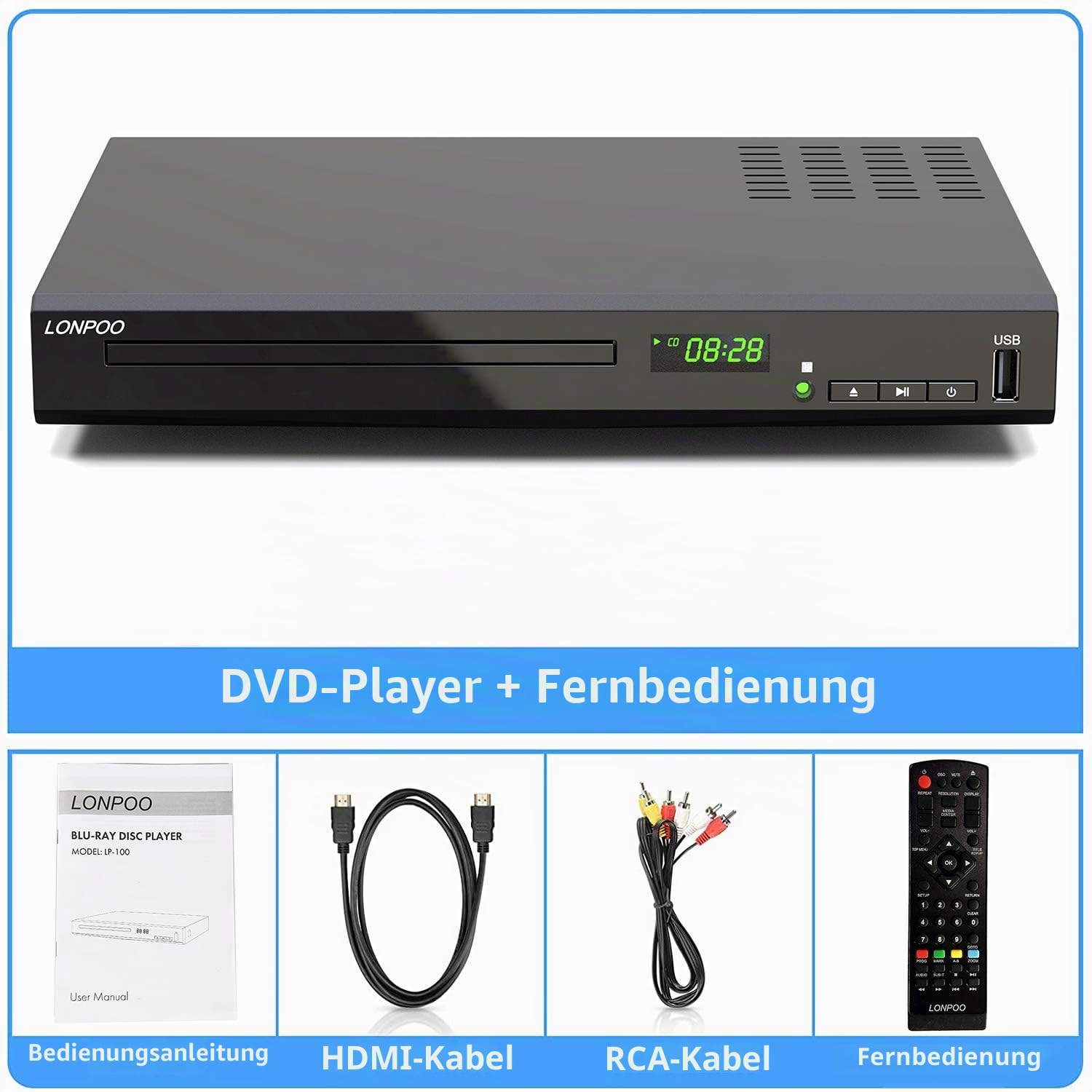 HD Blu-ray Player, Kompakter Bluray Player HDMI 1080P-DVD-Player mit HDMI-Ausgang/AV-Ausgang/Koaxialausgang, USB-Eingang, unterstützt alle DVDs und Region B / 2 Blue Ray Disc