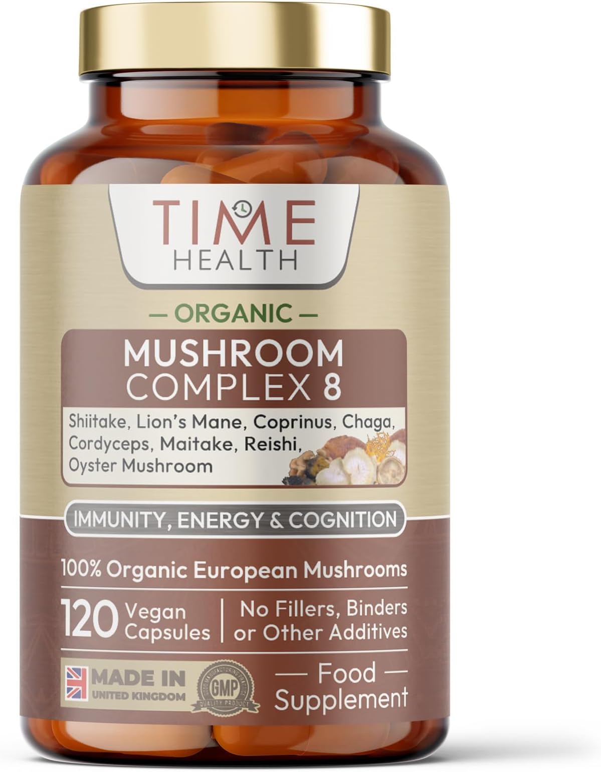 Time Health Mushroom Complex 8 | Organic | EU Grown | 616mg Capsules | Lions Mane, Cordyceps, Chaga, Shiitake, Reishi, Maitake, Coprinus & Oyster Betox93® | 40% Polysaccharides | UK Made