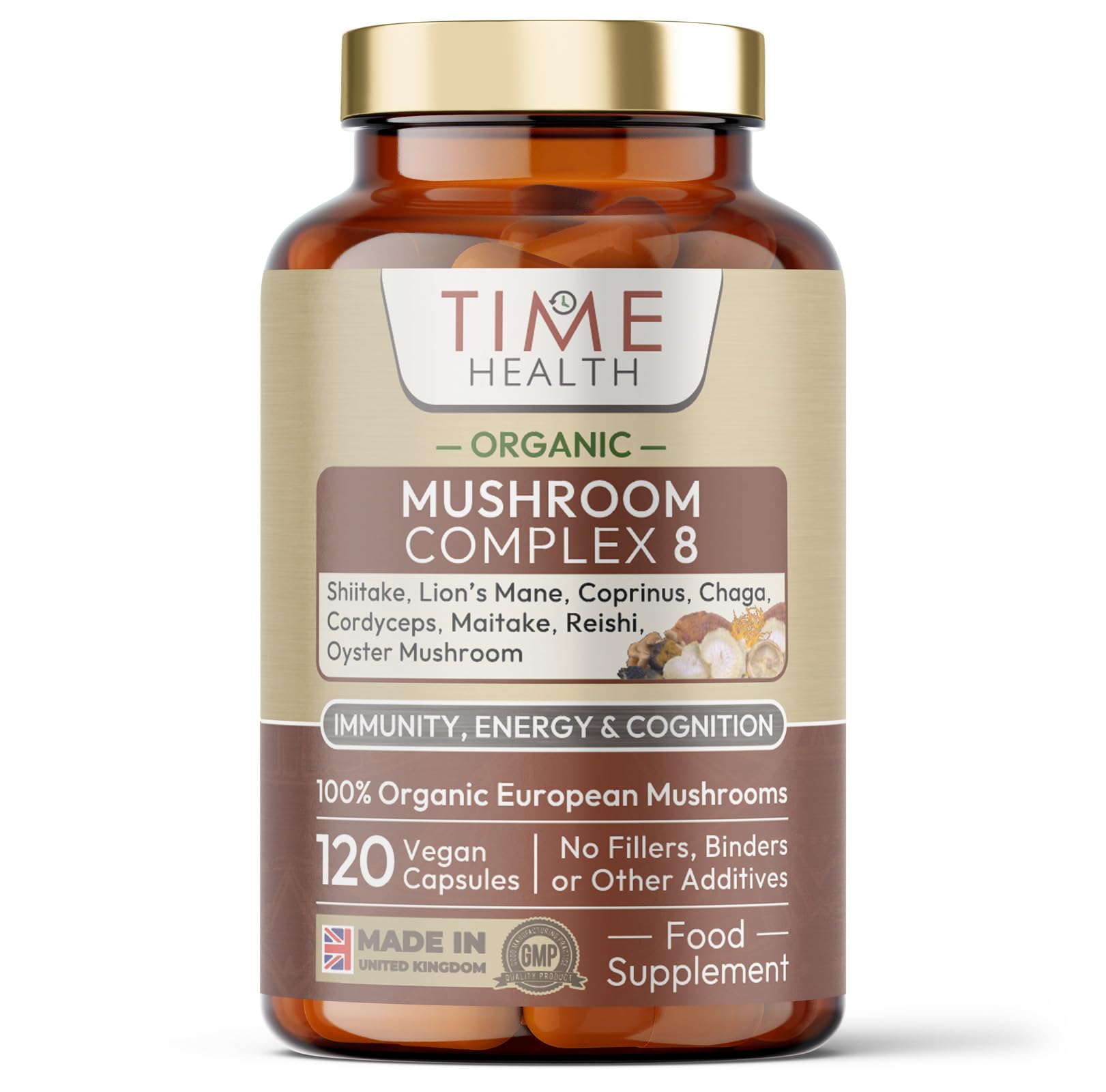 Time Health Mushroom Complex 8 | Organic | EU Grown | 616mg Capsules | Lions Mane, Cordyceps, Chaga, Shiitake, Reishi, Maitake, Coprinus & Oyster Betox93® | 40% Polysaccharides | UK Made