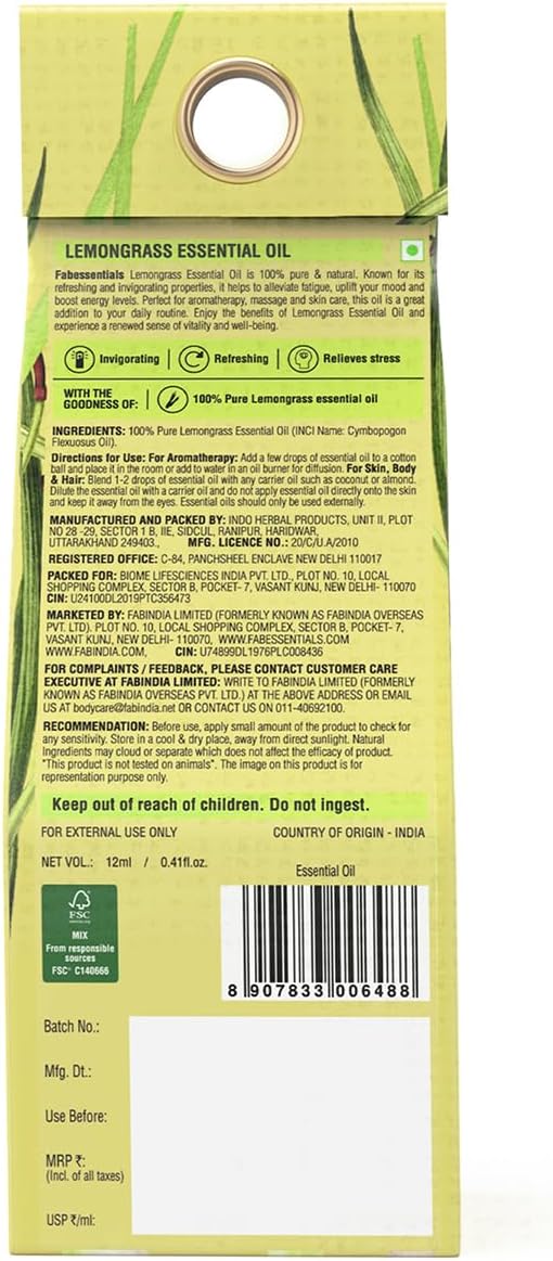 Lemongrass Essential Oil -12ml | 100% Pure & Natural | Invigorating, Refreshing & relieves Stress |-12ml | Essential Oil for humidifier & Home Fragrance