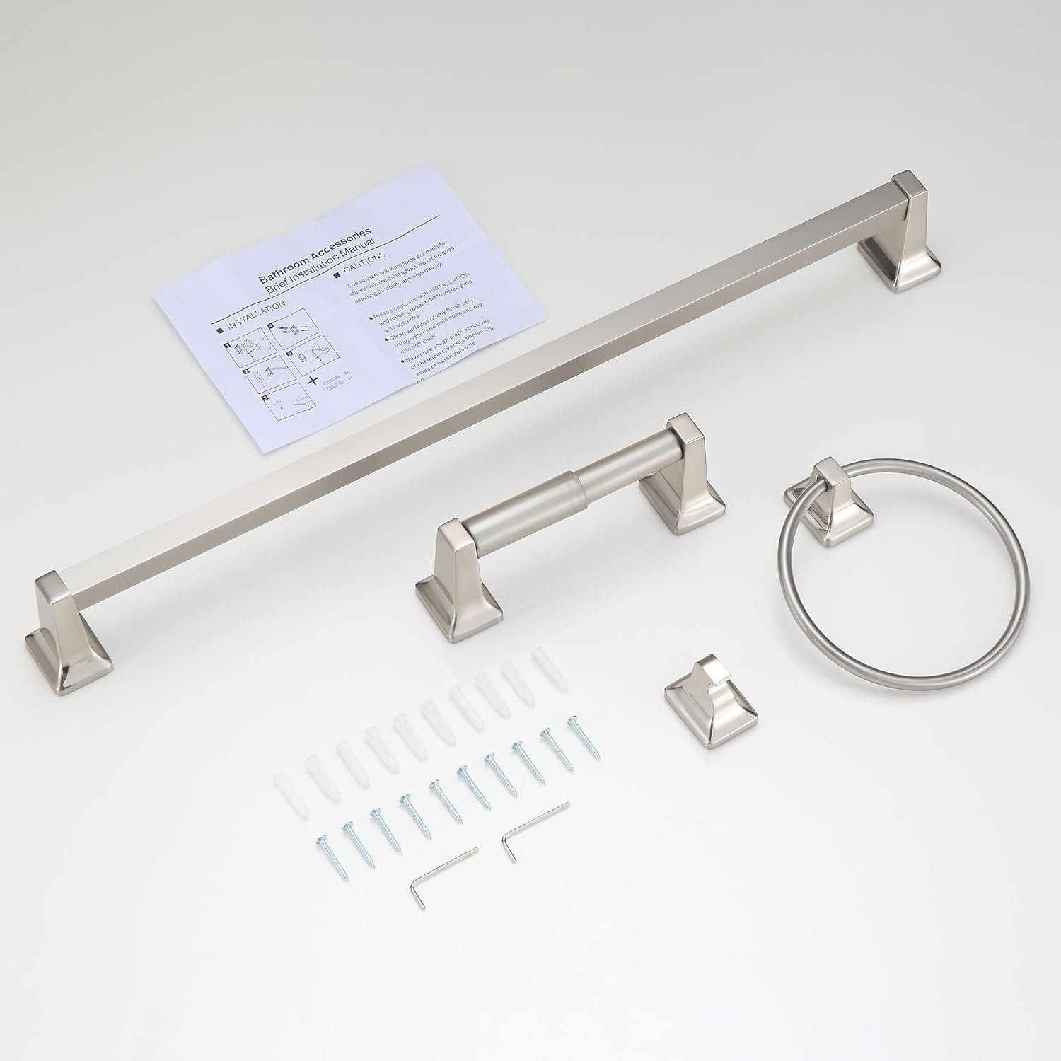 4 Pieces Bathroom Hardware Accessories Set, Stainless Steel 24 inch Towel Bar, Towel Rack, Robe Hook, Toilet Paper Holder for Bathroom Wall Mounted (Brushed Nickel)