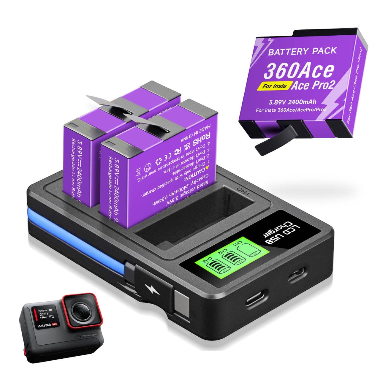 CITYORK Caricatore a 3 slot e 3 batterie da 2400 mAh, compatibile con Insta360 Ace e Pro, batteria di ricambio per Insta360 Pro, con display LCD e cavo USB