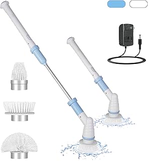 ZCSYHPY Scrubber Electric Cleaning Brush Spin Brush Electric for Bathroom Shower Tile Tub Cordless Power Adjustable Extension Long Handle Brushes Motorized Scrubbers 3 Replaceable Heads, Blue, White