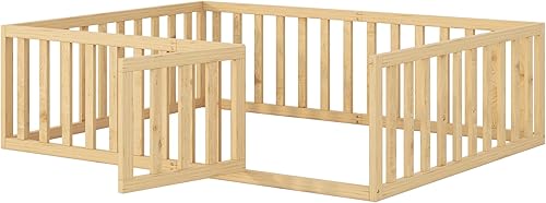 Miniatura 6 de Merax Marco de cama de piso de madera de tamaño completo con valla y puerta (natural)