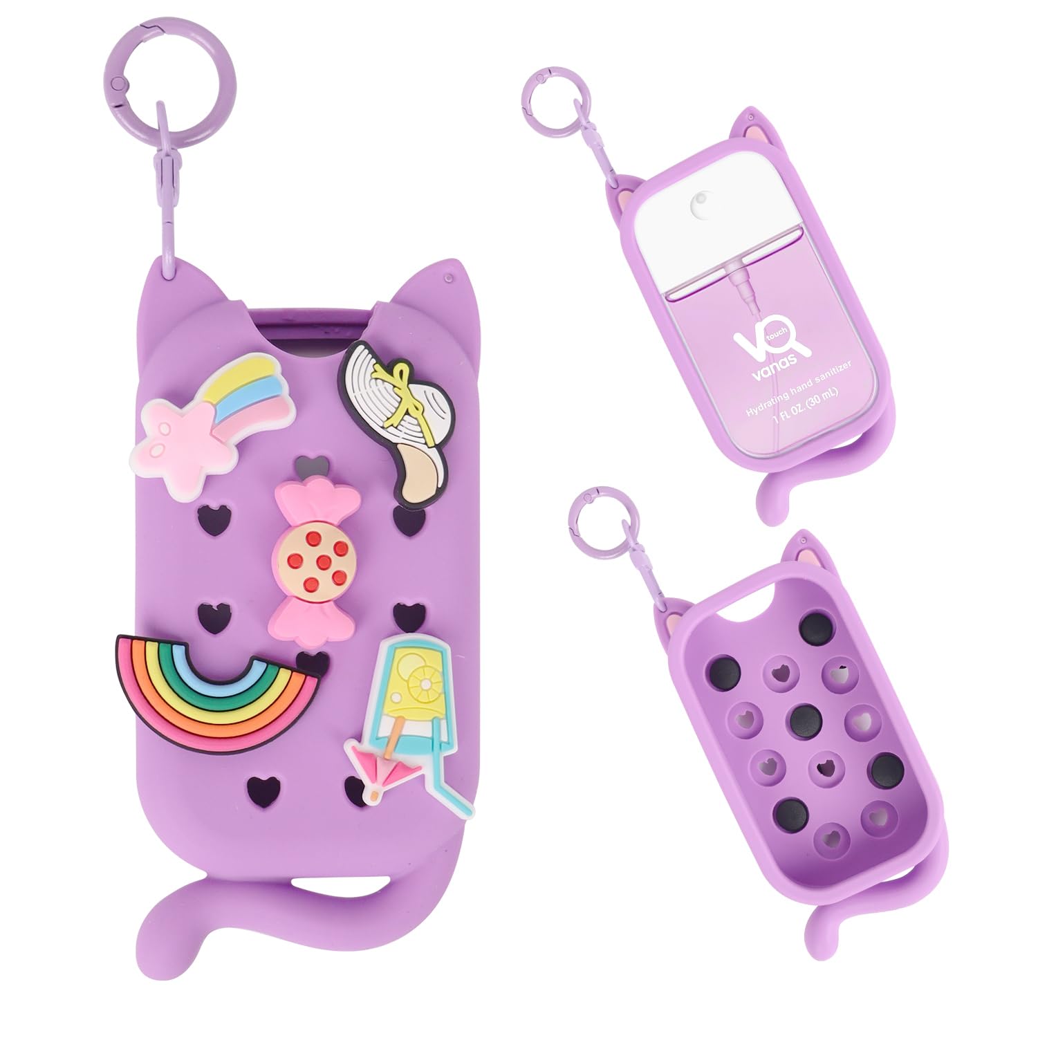 1 coque en silicone chat pour Touchland avec porte-clés (convient pour 30 ml), avec 5 breloques décoratives, joli étui de voyage.
