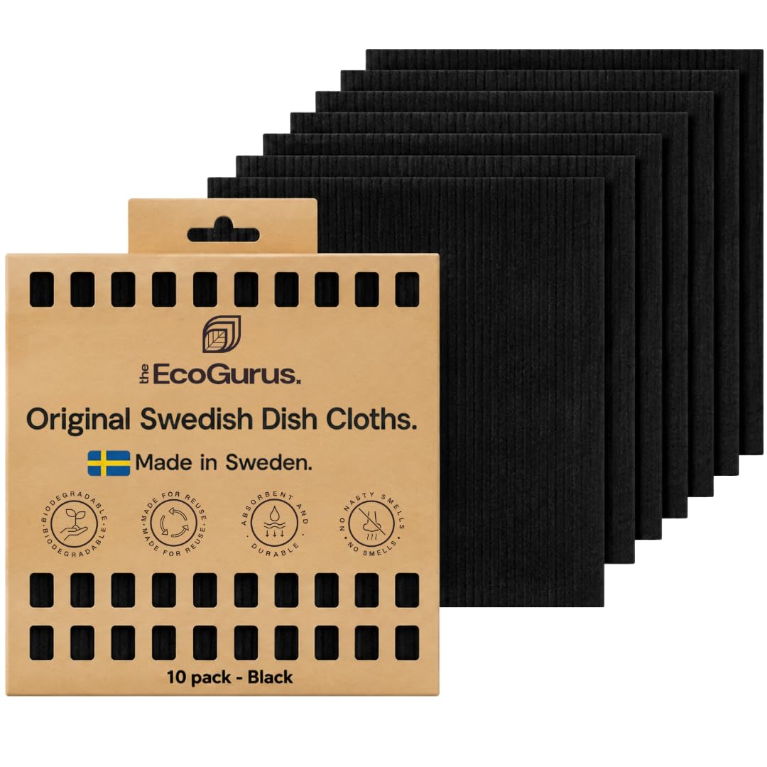 The EcoGurus Swedish Dishcloths, Reusable Cleaning Cloths, Black, 10 Pack