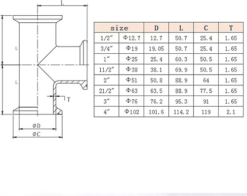 Miniatura 2 de Beduan 1.5 "Tri Clamp Tee 3 Way Acero inoxidable 304 Instalación sanitaria (tubo de 1.496 in OD)