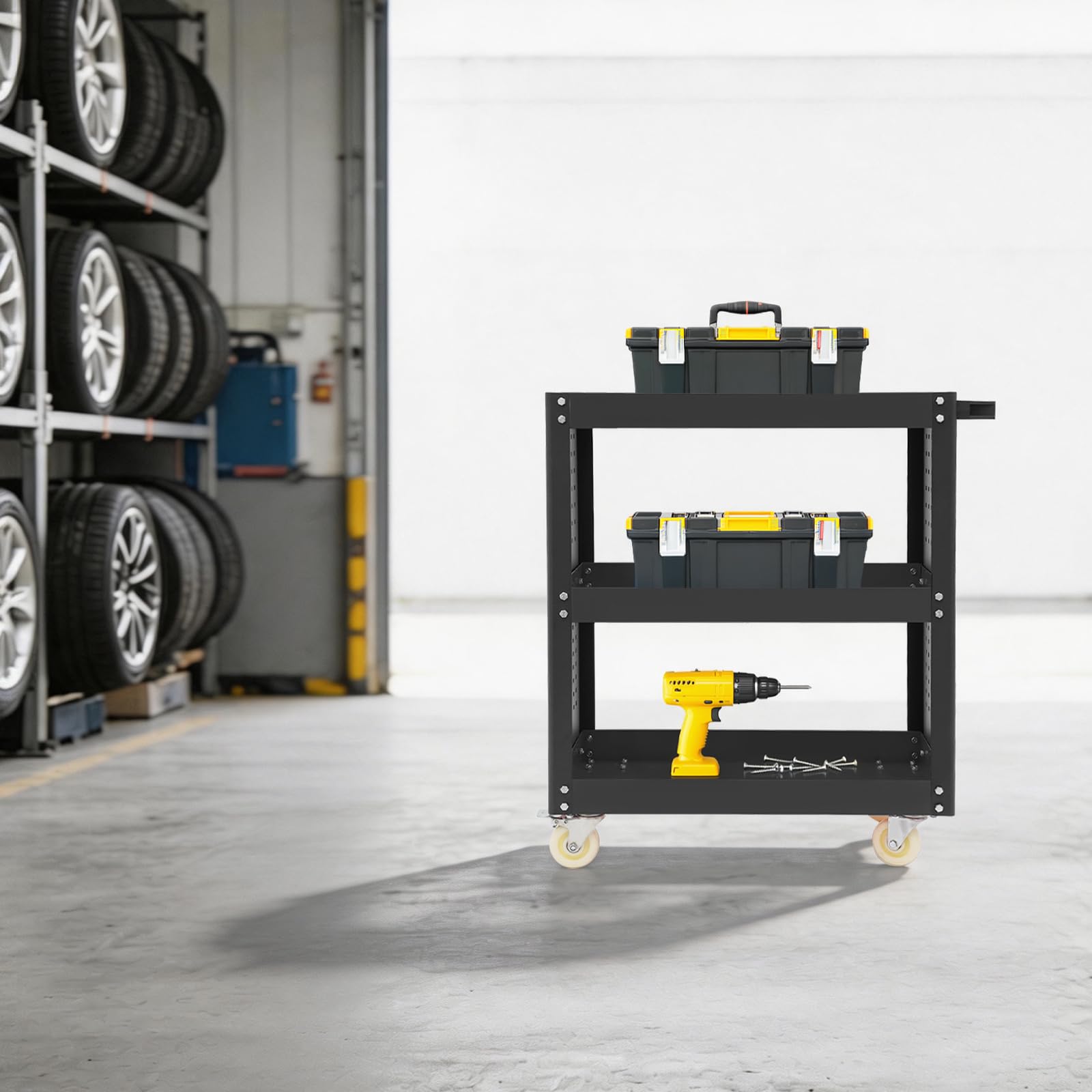 Carro de taller de 3 pisos, 120 kg, color negro