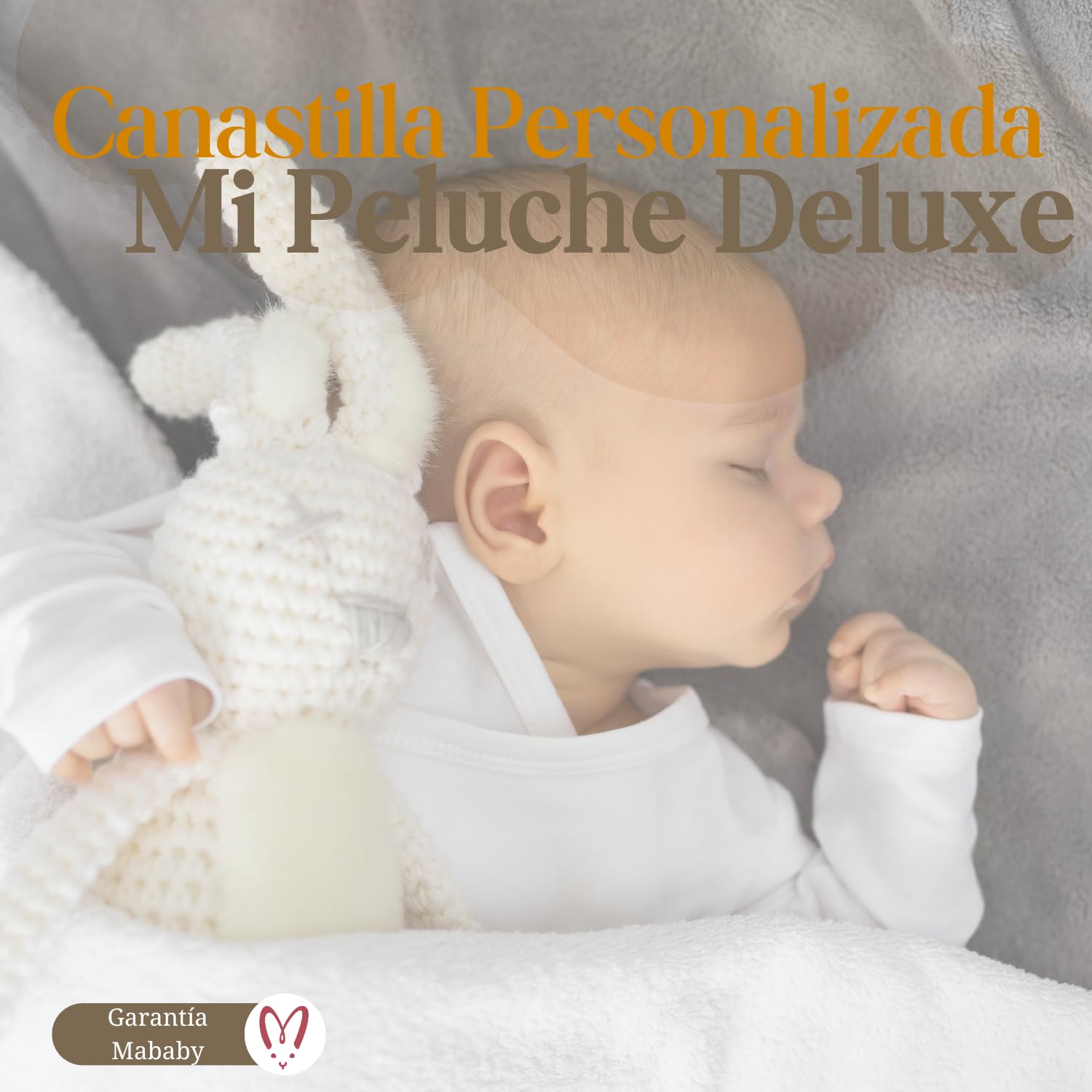 Canastilla Bebé Recién Nacido Mi Peluche Deluxe (Beige) | Canastilla personalizada con manta bordada, peluche conejo, chupete y pinza con nombre, tarta de pañales y cuidados