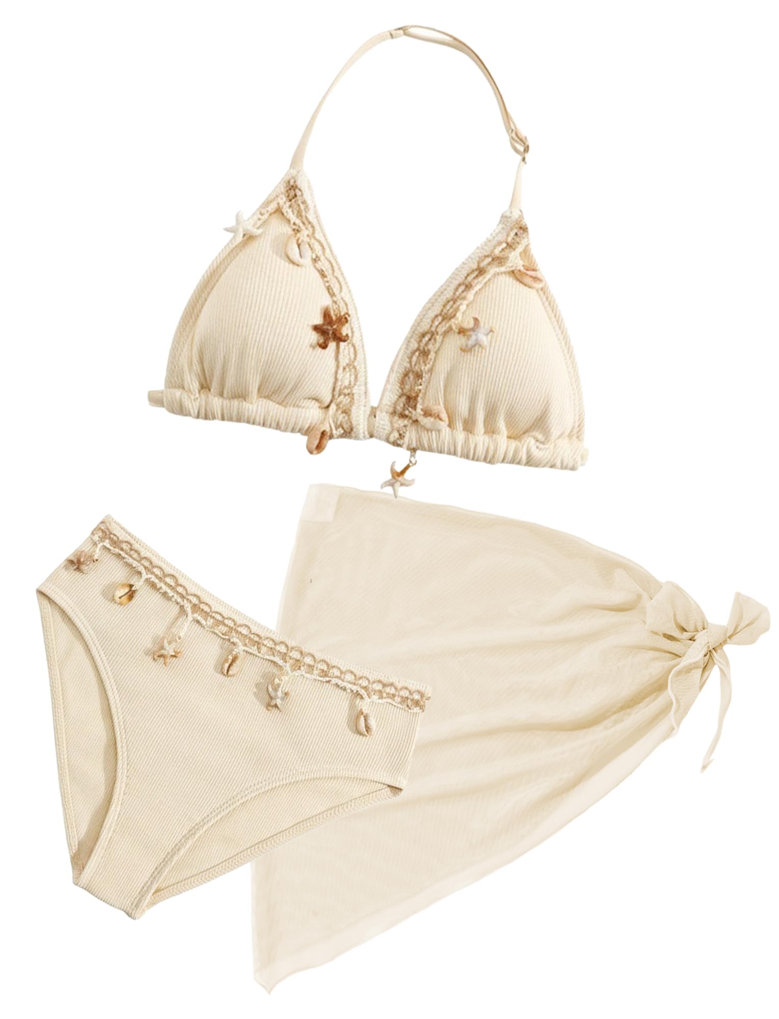 Ensemble bikini 3 pièces côtelé avec coussinet de poitrine, dos nu, dos nu, maillot de bain triangle avec jupe de plage, 8 à 12 ans