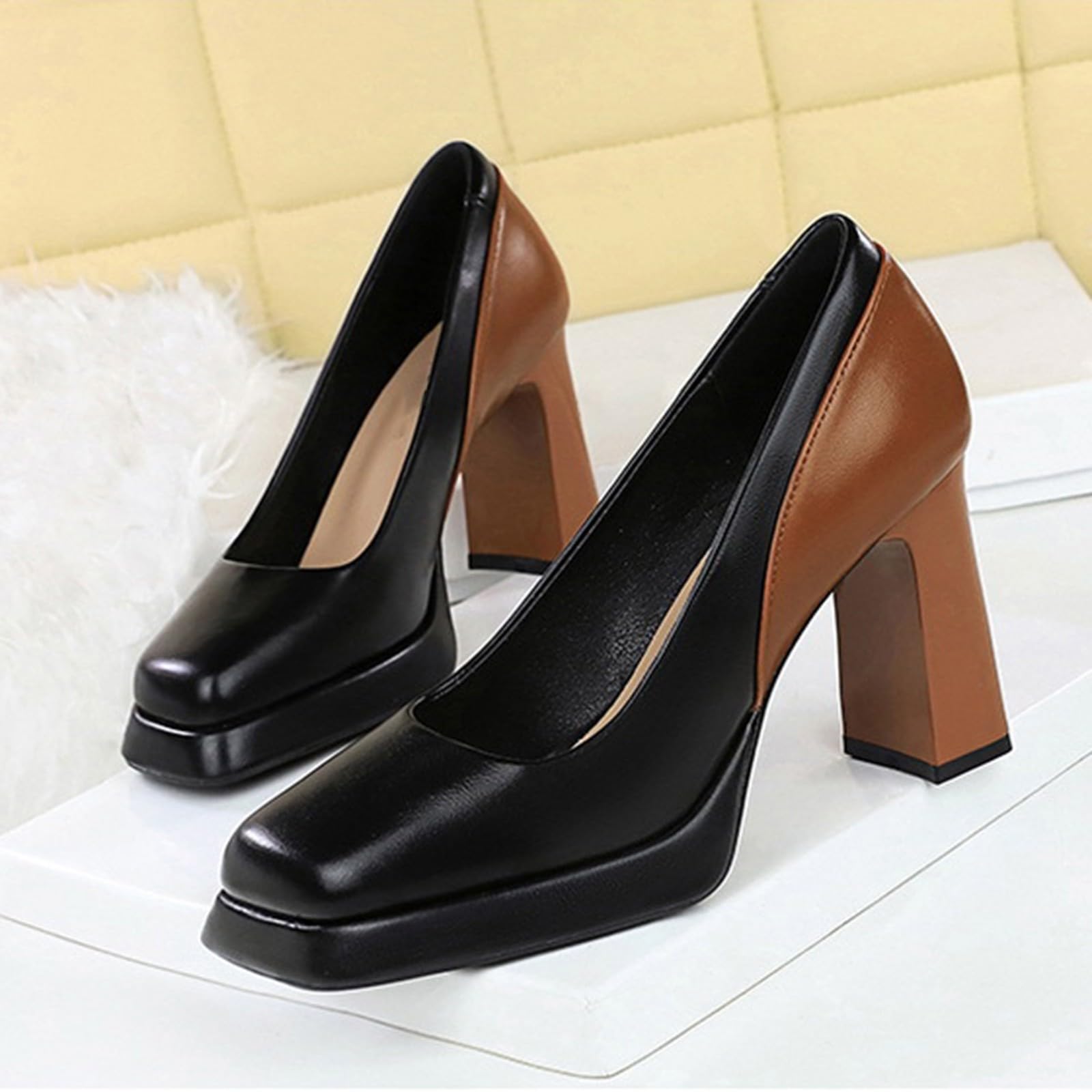 Zapatos de tacón para mujer elegantes con tacón de bloque con plataforma de piel