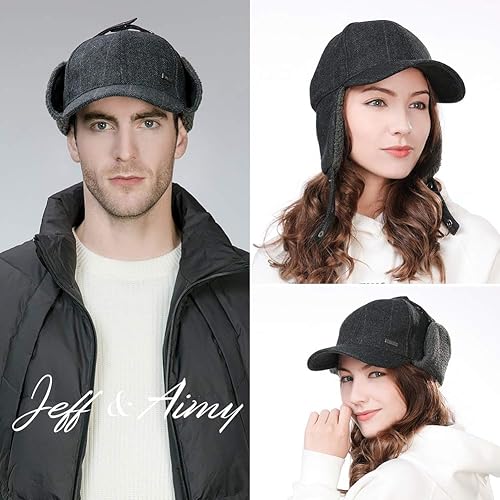 Miniatura 2 de Jeff & Aimy Gorra de béisbol unisex de invierno con orejeras trampero de caza, sombrero de esquí, 21.3-24.4 in