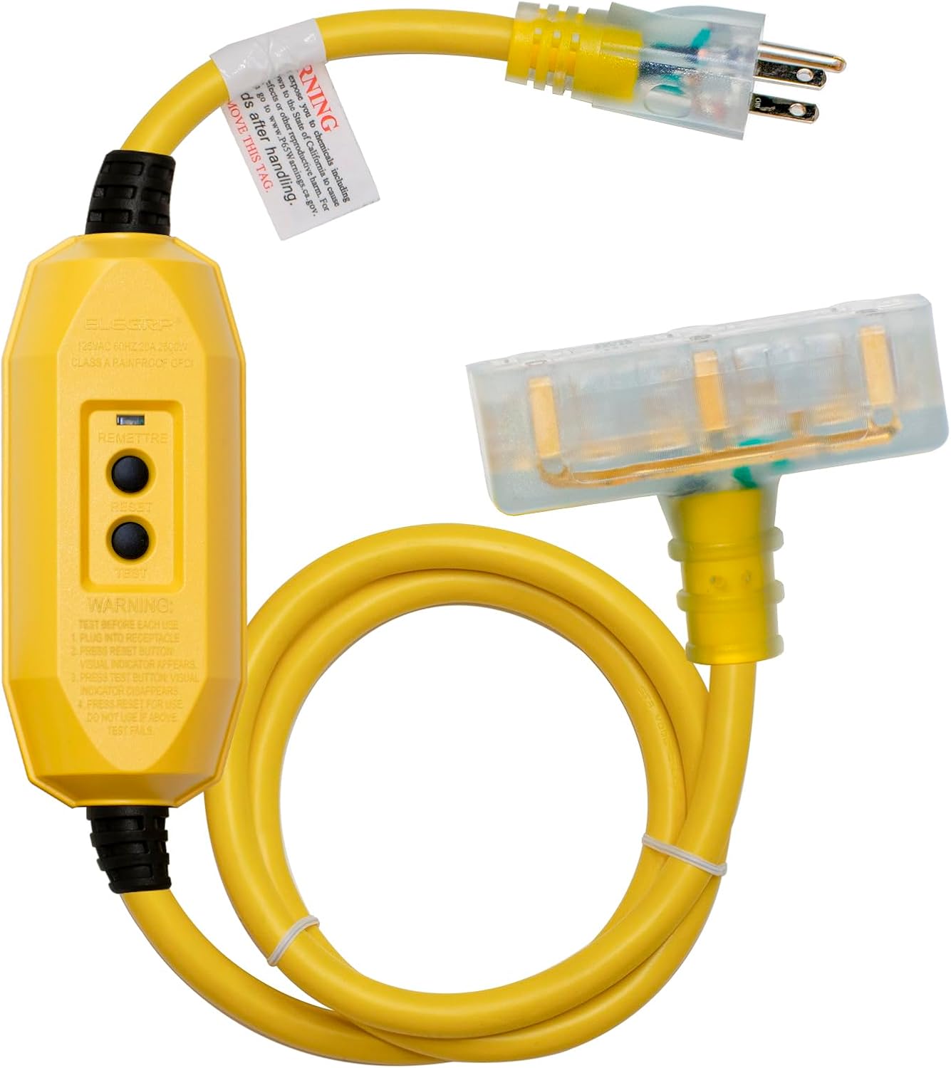 ELEGRP 15 Amp Auto Reset Inline GFCI Extension Cord 3ft 12/3 SJTW Heavy Duty Yellow Cable 3 Wires 3 Prongs Grounded Plug with 3 Electrical Power Outlets with LED Lighted, Broom Tail Design,UL Listed