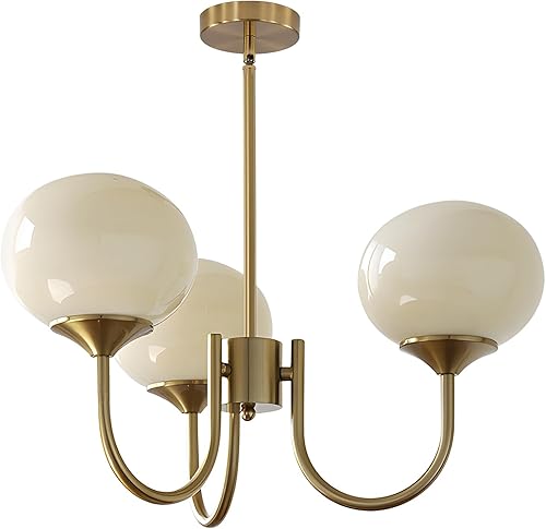 Miniatura 8 de Lámpara de araña de globo rosa Flyrose para habitación de niñas, moderna de mediados de siglo, 3 luces colgantes estilo vintage dorado, lámpara de