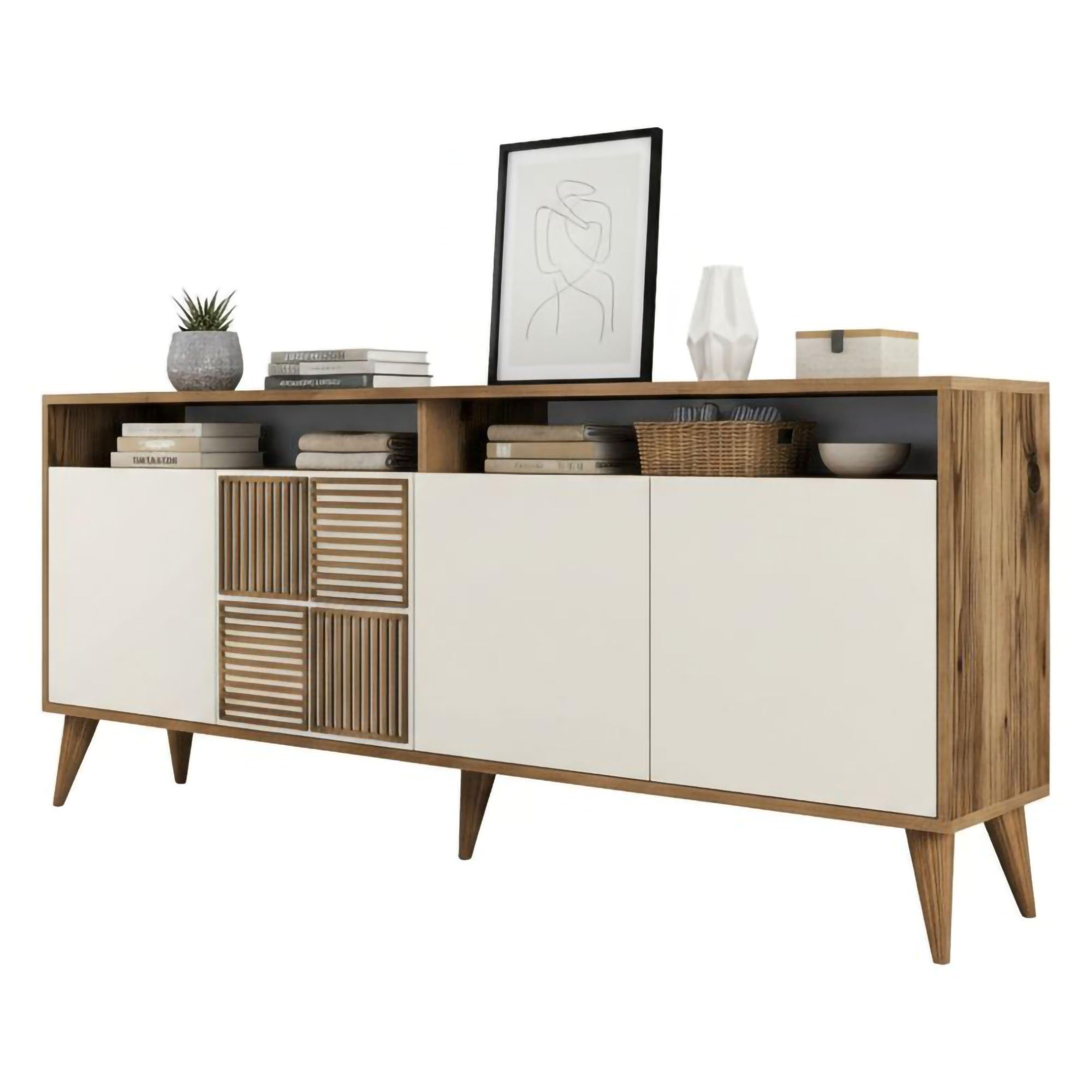 Dmora Credenza Rotanev 180x35x79h cm Marrone Noce 2 Ripiani 4 Ante, Madia 6 Vani