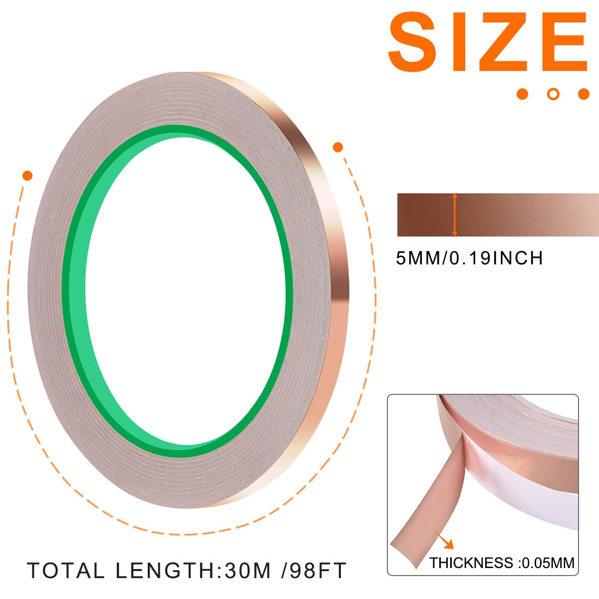 Copper Foil Tape Double-Sided Conductive with Adhesive (5mm/0.2inch x 30m/98ft) 0.05mm Thickness Enhance Conductivity, for EMI Shielding Paper Circuits,Grounding