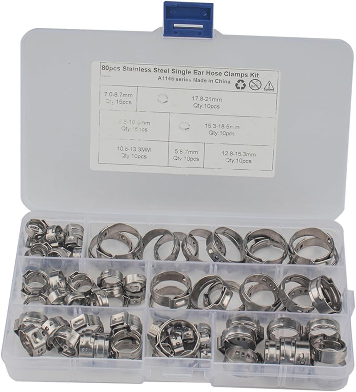 80Pcs Single Ear Hose Clip 5.8-21mm Stainless Steel Clamp | Multiple Sizes in Plastic Box, Anti-Corrosion Finish, Smooth Strip Edges, for Machinery Equipment Trade Export