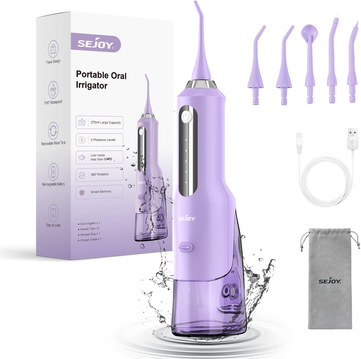 SejoyWater Flosser, 2025 Water Flossers for Teeth Rechargeable, Oral Irrigator for Home Travel Office, 270ML IPX7 Waterproof 5 Cleaning Modes and 5 Jet Tips