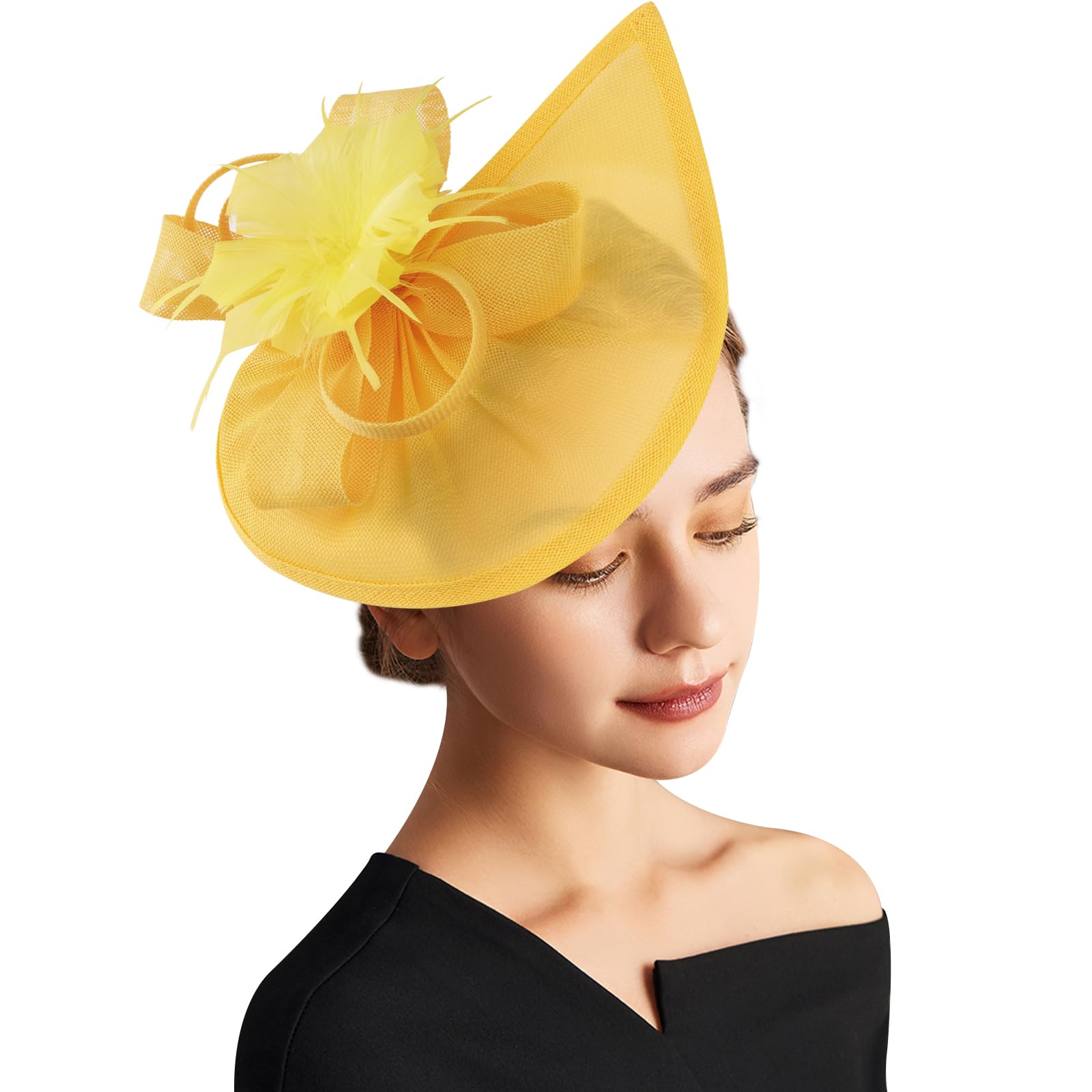 Dreshow Girls Feather Flower-Yellow Fascinator Hats Tea Party Hat Vintage Pillbox Hat Headband Cocktail Headwear For And Women