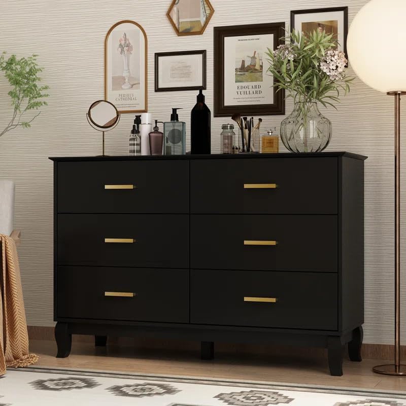 Solid MDF Wood Chest of Drawer with Wooden Legs Drawers Storage Sideboard Cabinet with 6 Drawers Chest for Living Room & Bedroom(Chance, Black)