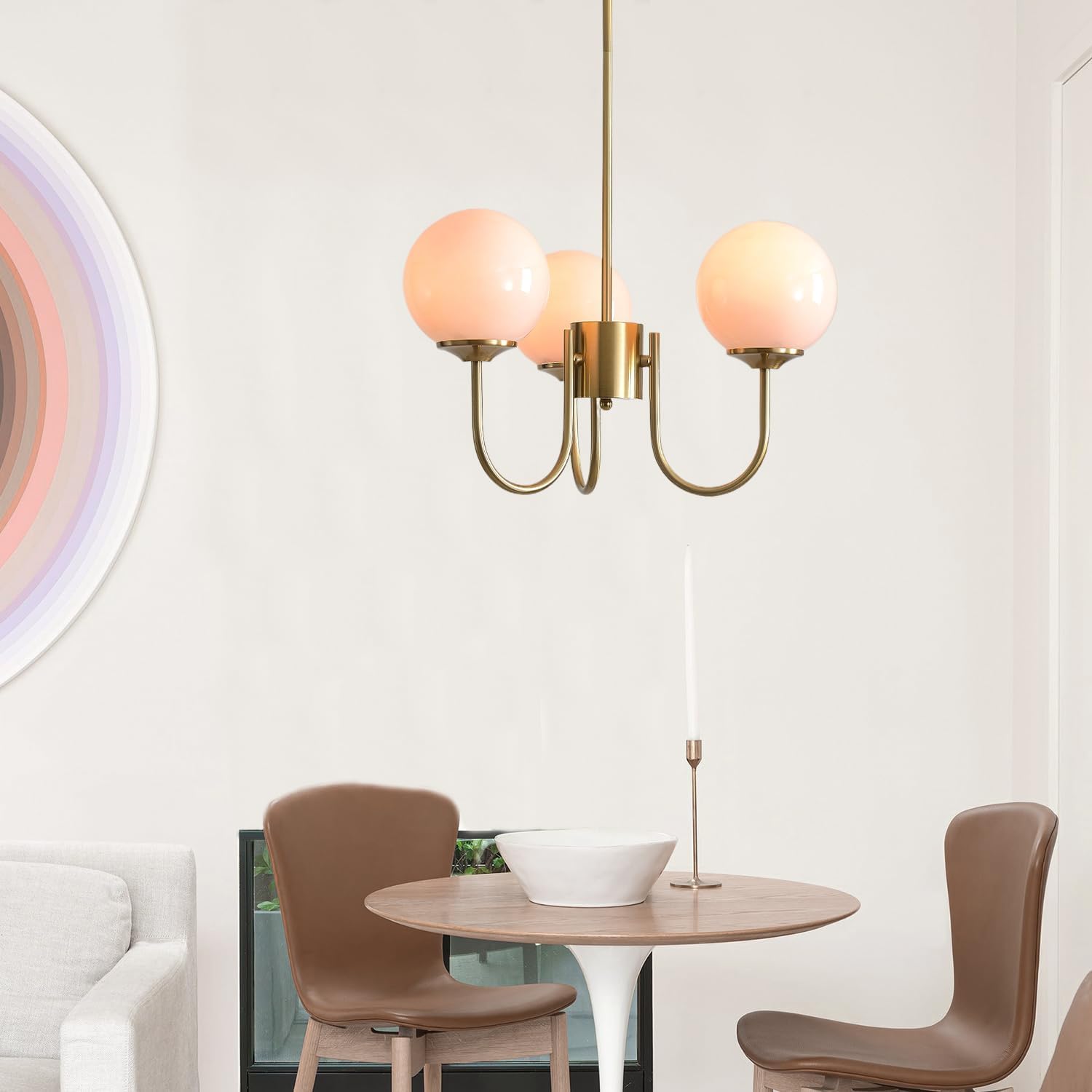 Mid Century Pink Bubble Chandelier, 3 Lights 16in Sputnik Chandeliers for Girls Room, Brass Gold Chandelier Hanging Light Fixture for Bedroom Nursery Room Dining Room Kitchen Island