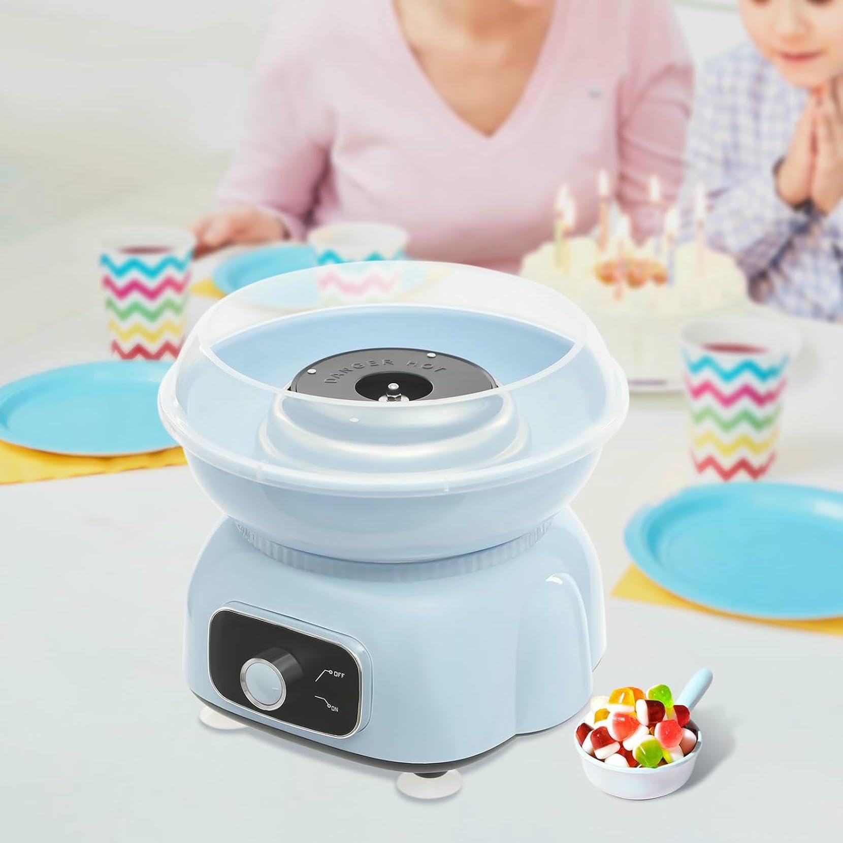 Machine à Barbe à Papa électrique 500 W 1850 TR/Min avec bâtonnets et cuillère doseuse pour la Maison, Les magasins et Les fêtes (Jaune)