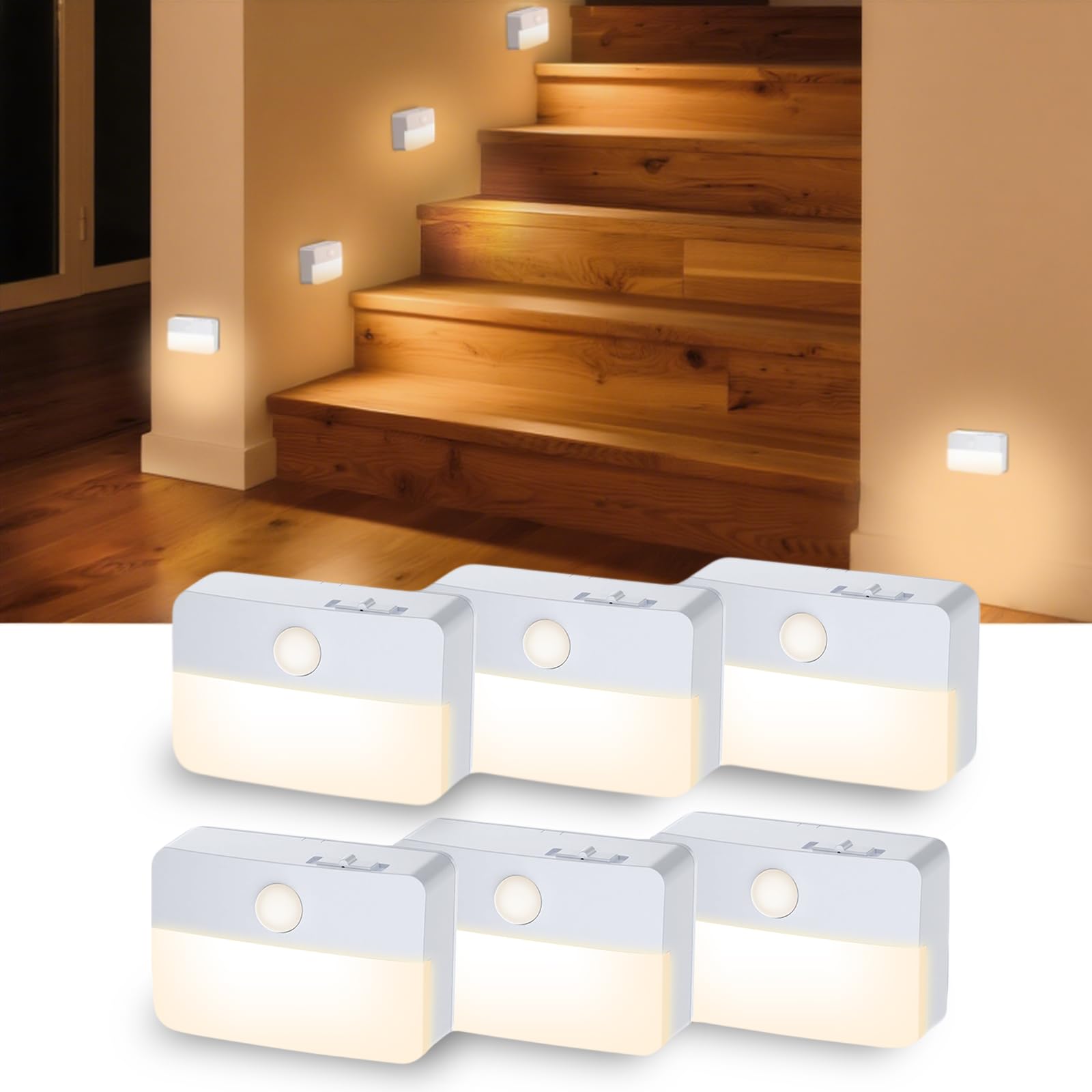 Coolilumi Motion Sensor Stair Light for Indoor, Battery Operated Closet Lights, Portable LED Wireless Stick on Night Lights for Hallway, Bedroom, Under Cabinet, Kitchen(6 Pack, White) — image 1