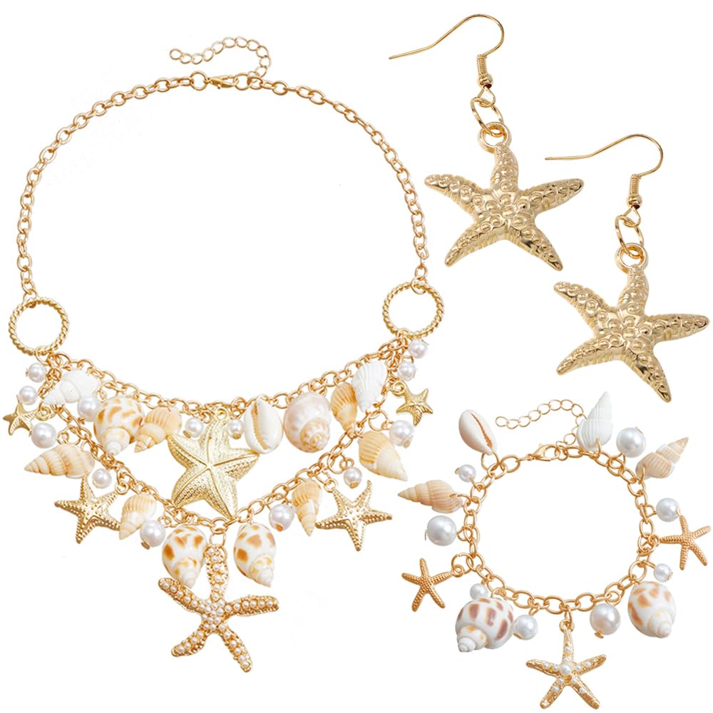 YGCHEN Conchiglia Stella Marina Gioielli, Sirena Accessori per Costumi, Collana Conchiglia, Bracciale Perle, Orecchini Stella Marina, Set di Gioielli da Donna