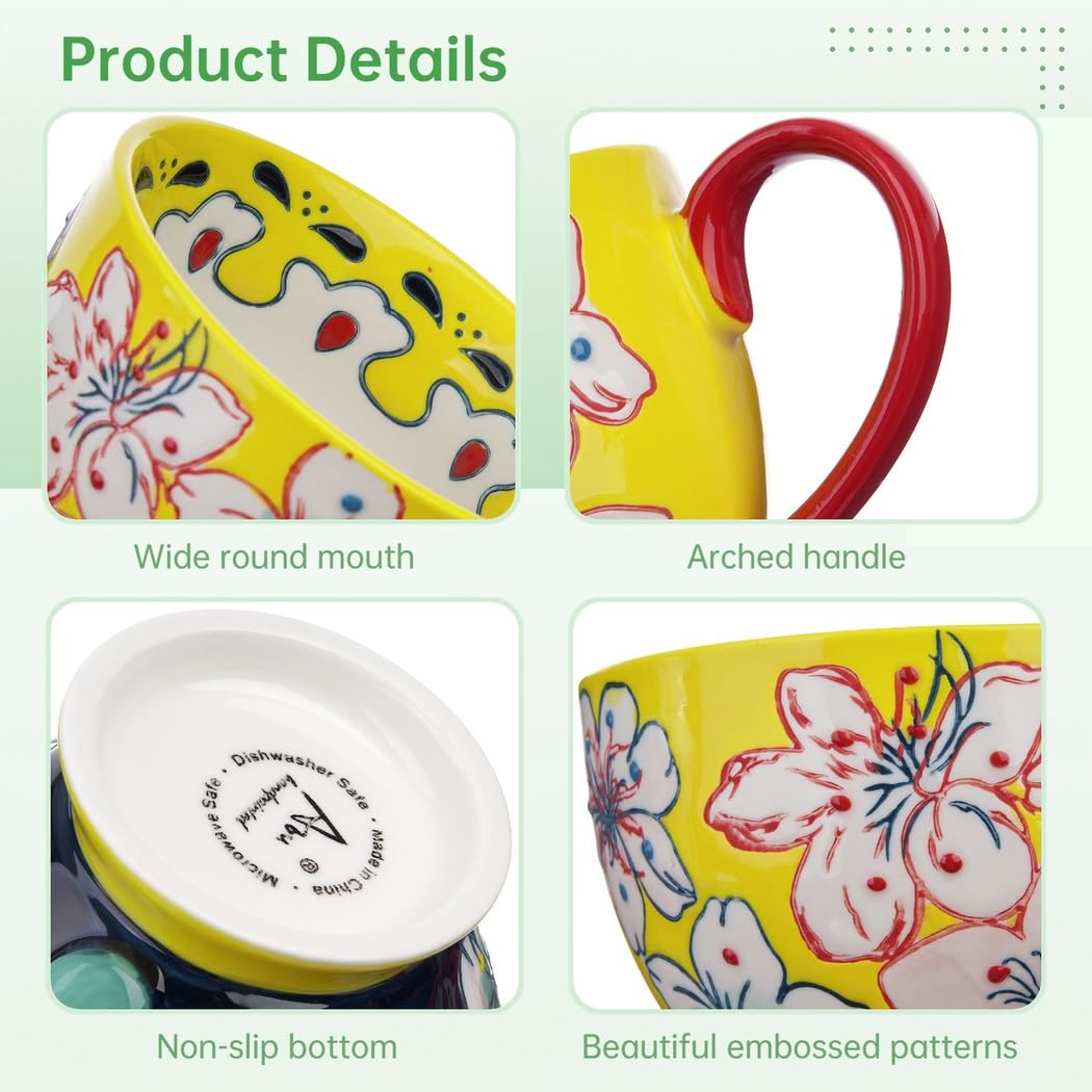 Ceramiczny zestaw kubków do kawy z czterema dużymi ręcznie robionymi kubkami, wytłaczanymi wzorami kwiatowymi do gorącej czekolady, herbaty, mleka, cappuccino i płatków śniadaniowych