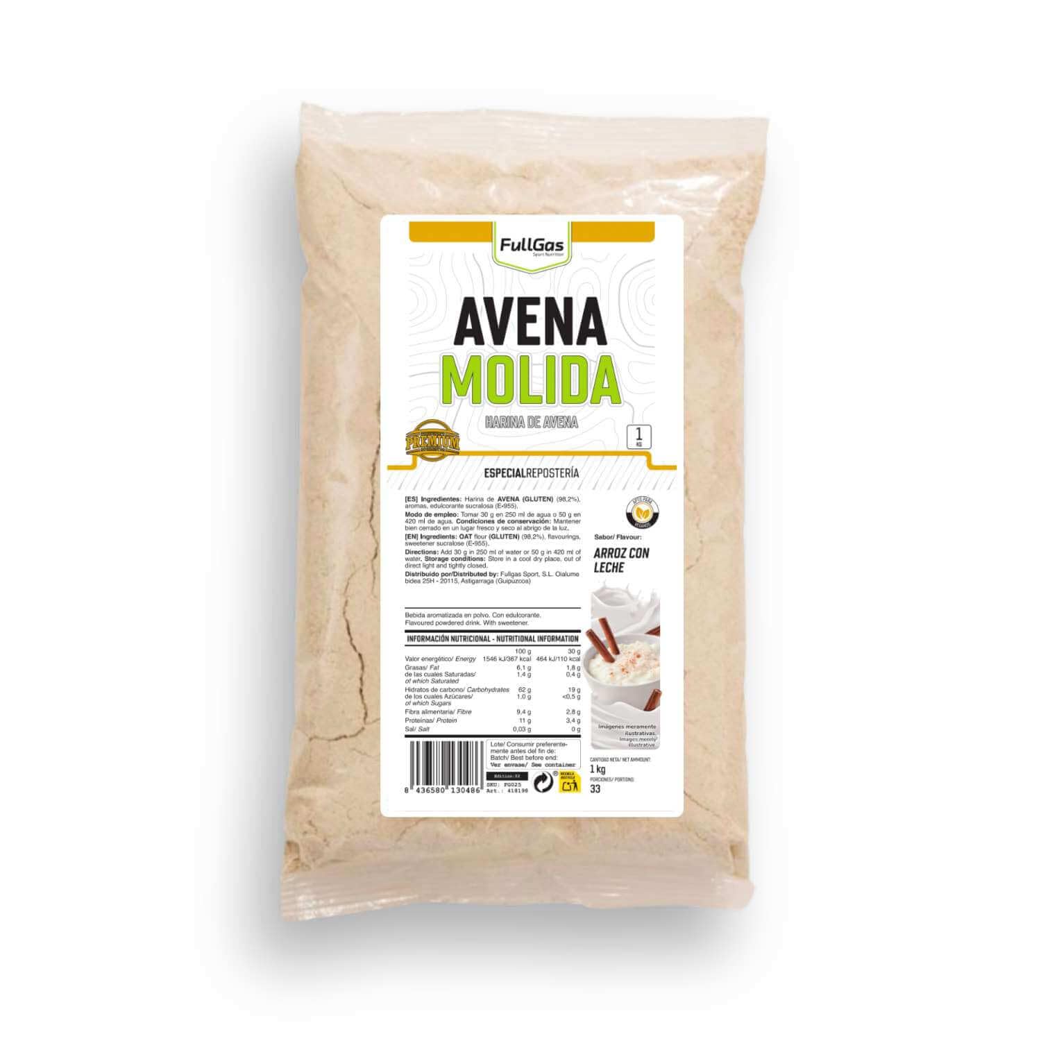 FullGas Avena Molida (Harina de Avena) | Arroz con Leche | 1kg | En Polvo, Soluble y Fácil de Digerir | Lista para Tomar sin Cocinar | Sin Azúcares Añadidos | Sin Lactosa y 100% Vegana