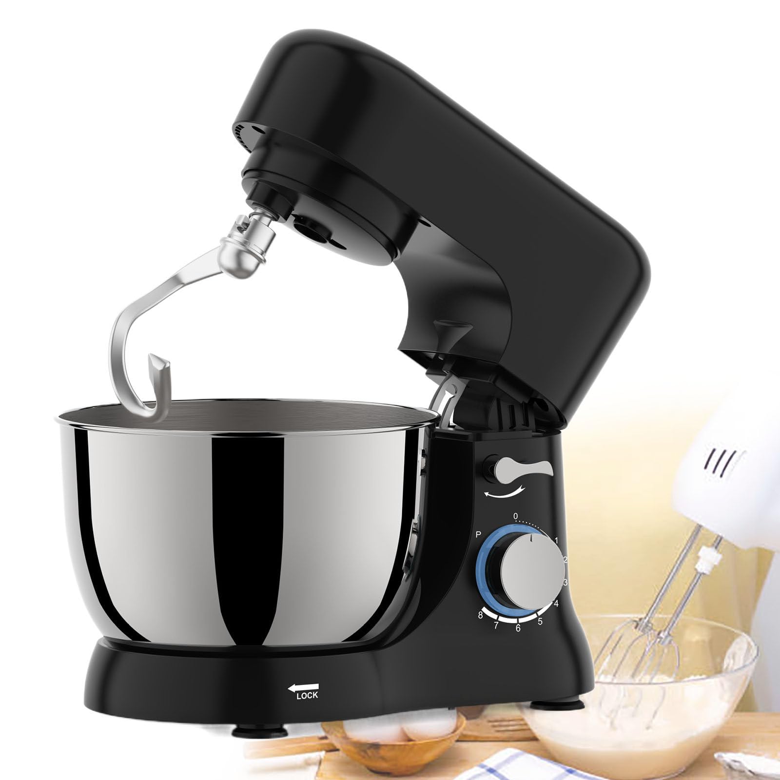 Batidora Eléctrica con Base, 4.5 QT, Gancho para Masa, Accesorios para Batidor Plano, 6 Velocidades con Batidor, para Hornear y la Mayoría de los Cocineros Caseros,110V550W