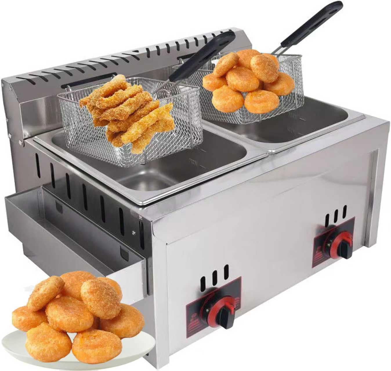 Friggitrice commerciale in acciaio inox, doppia friggitrice a gas da banco da 10 l, con calore regolabile per un'efficienza di cottura professionale