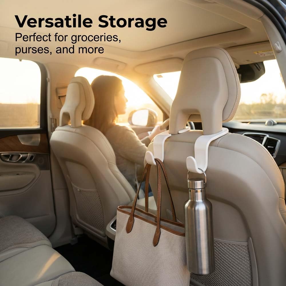 4 Pack Car Headrest Hooks, Purse Hook for Car with 360° Rotation, Car Seat Hooks for Purses and Bags, Heavy Duty S Type Car Bag Hooks for Handbag Coat, Fit Most Vehicles (White)