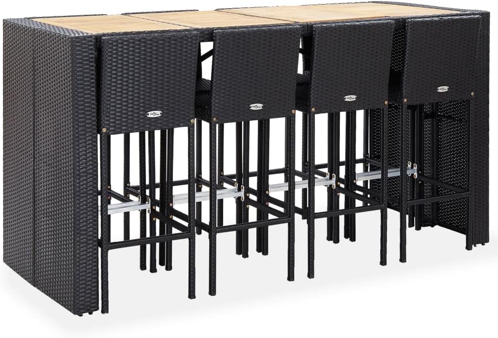 9 Piece Patio Bar Set,Balcony Bar,Backyard Decor,Balcony Furniture,Afternoon Tea Suit,Perfect for Patio, Garden, Porch,Family Room,Sitting Area, Poly Rattan and Acacia Wood Black