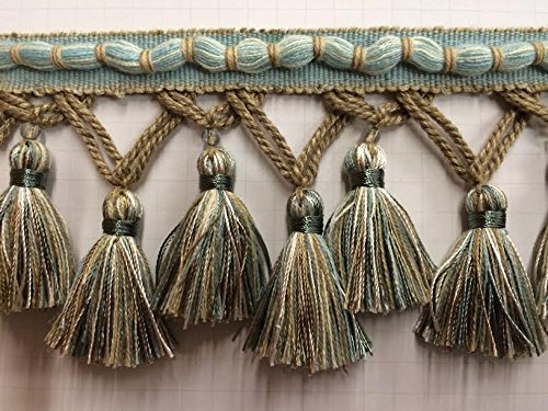 3.5" Tassel Fringe Trim By The Yard Tf-56/39-3 Beige & Aqua #TOP8