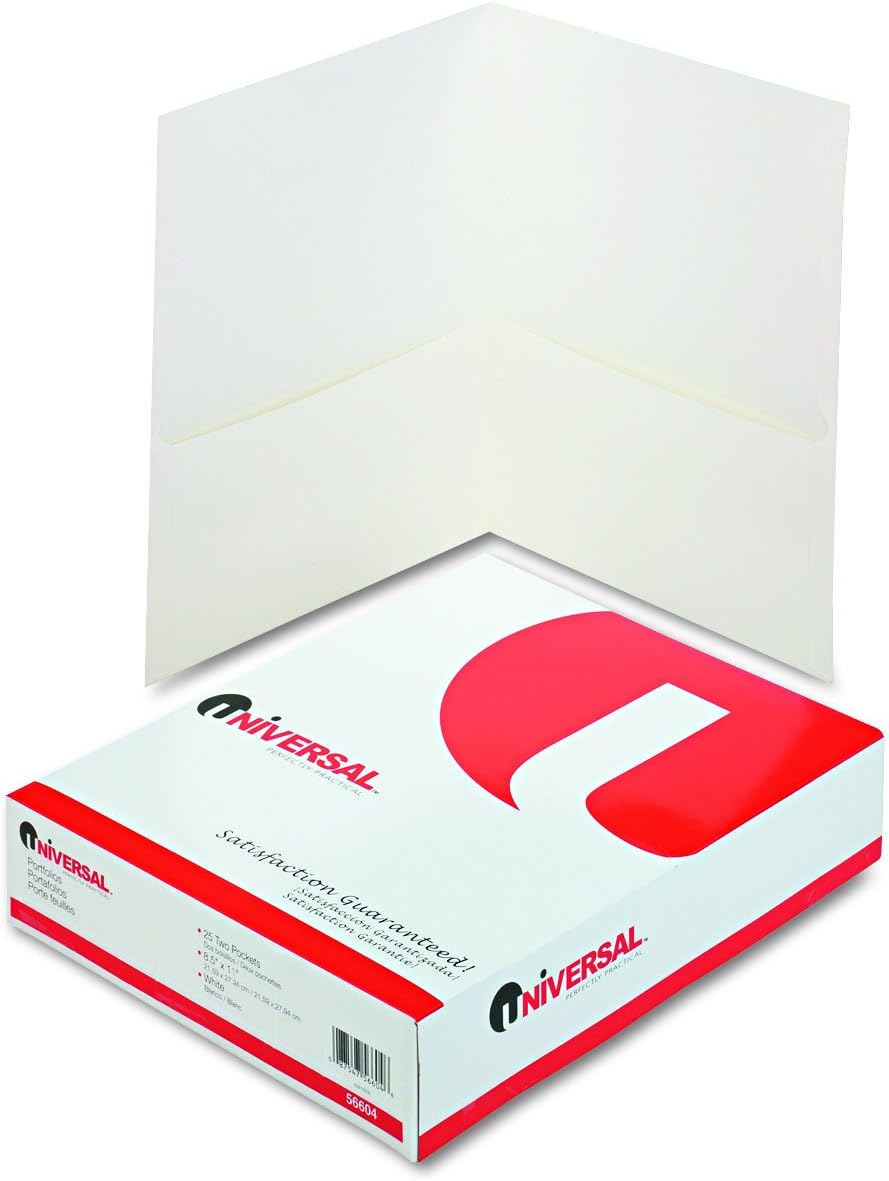 Universal 56604 Two-Pocket Portfolio, Embossed Leather Grain Paper, White (Box of 25)