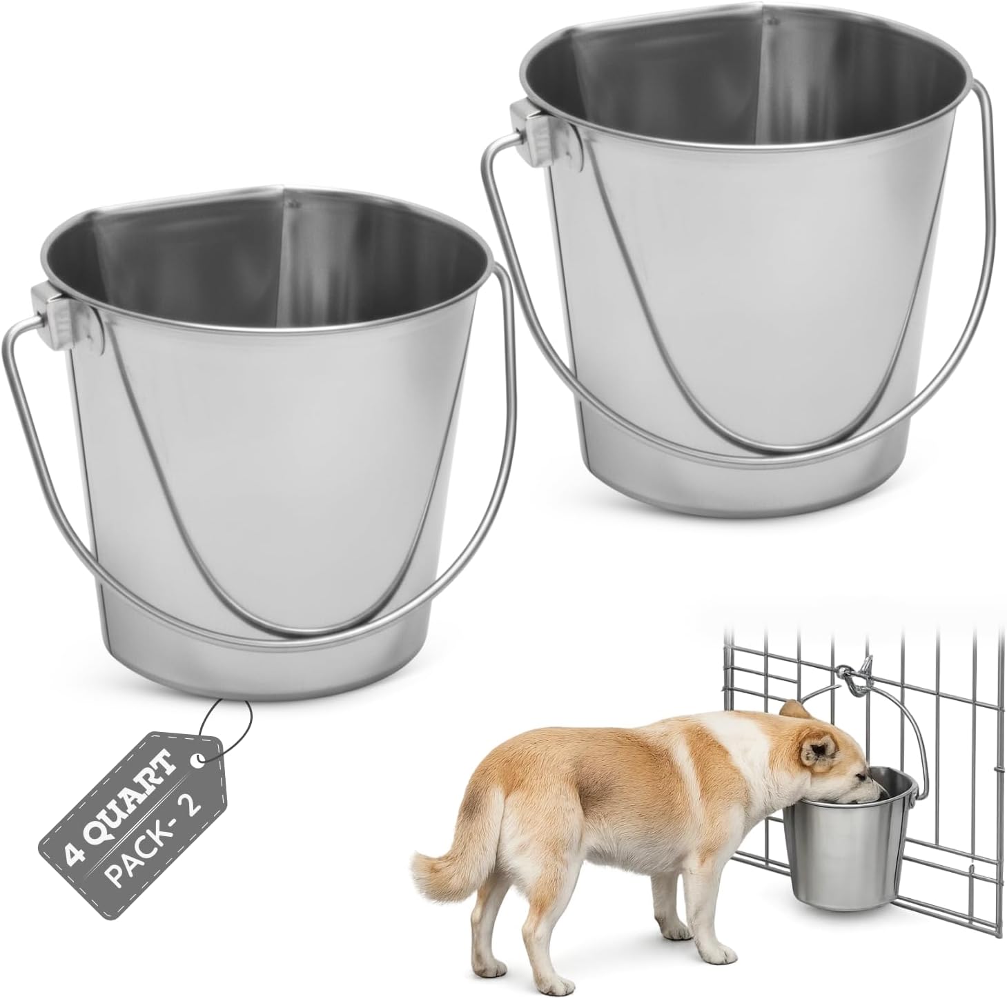 Flat Side Stainless Steel Bucket 4 Quart Hanging Feeding Pail for XL Dogs Cats Goats Sheep, Fits Kennel Cage Compatible, Heavy Duty Food and Water Feeder, 1 Gallon Silver Buckets 2 Pack