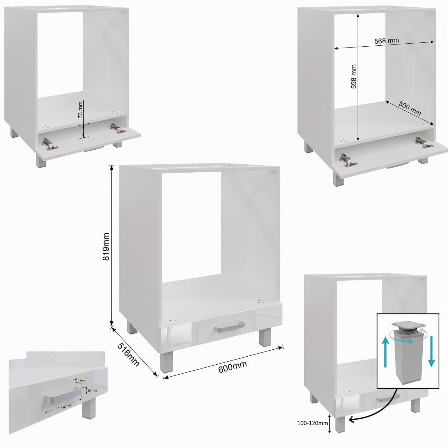 Meuble bas pour four 60 cm blanc brillant – Armoire de cuisine moderne pour four encastrable sur pieds – Système de cuisine modulaire – Idéal pour les petites cuisines, appartements