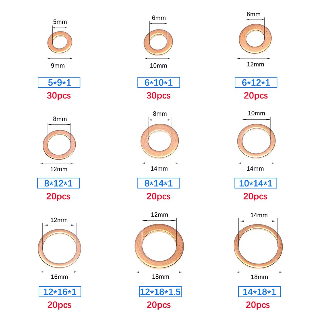 Rondelle Di Rame 200 Pz | 10 Misure Diverse | Per Motori, Auto, Impianti Idraulici - Foto 12