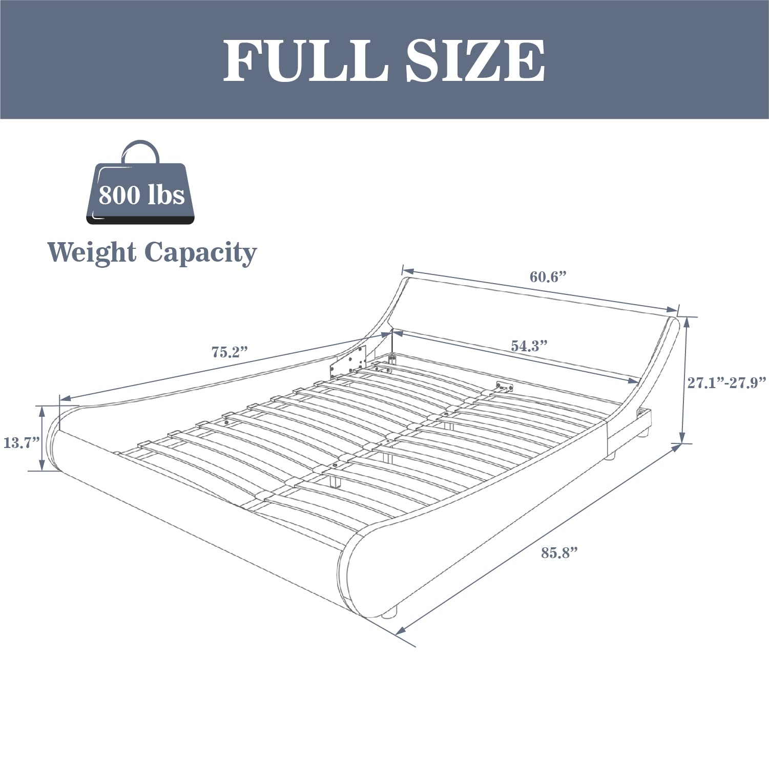 Allewie Modern Low Profile Wave Like Full Size Platform Bed Frame with
